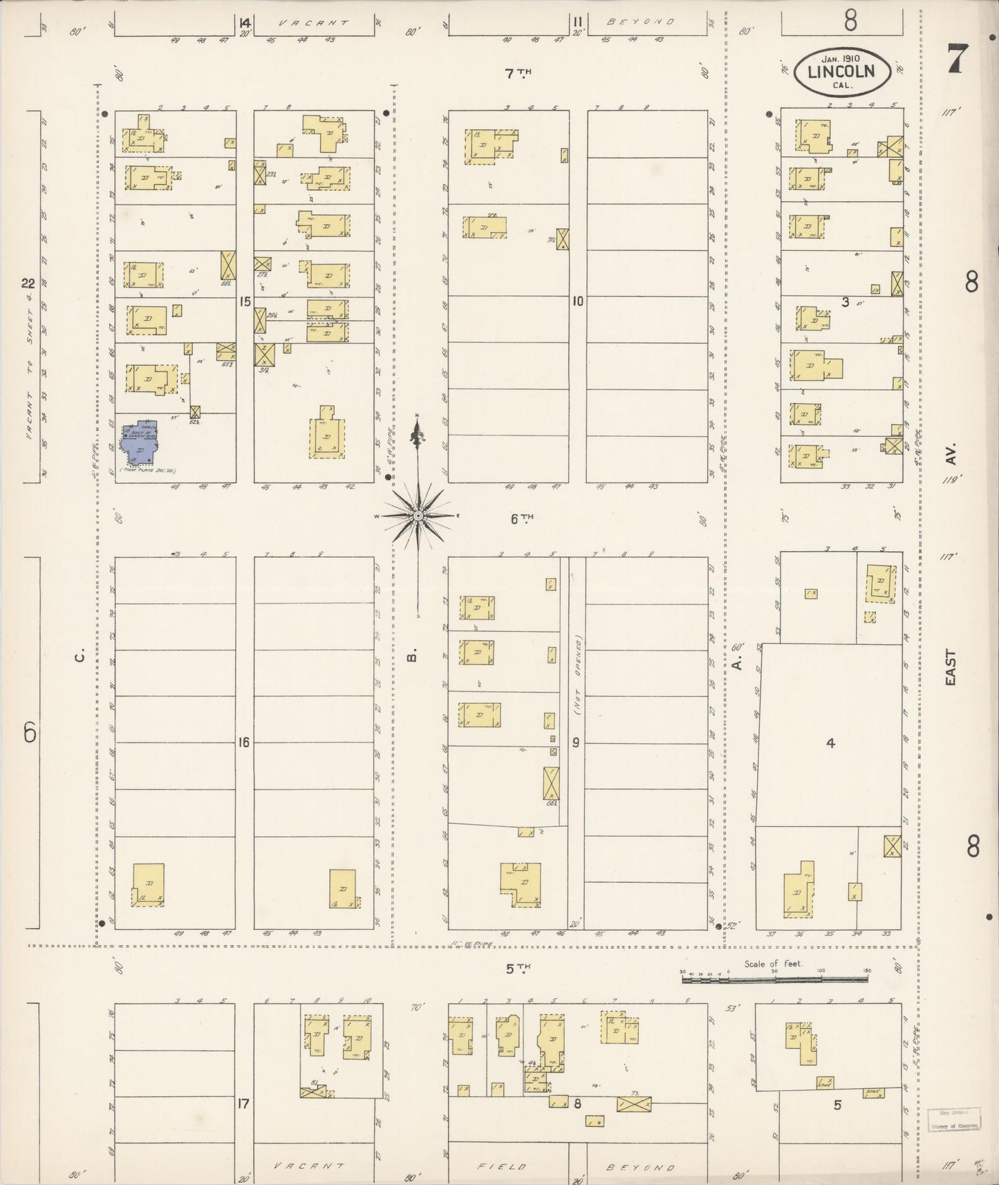 Sanborn Fire Insurance Map from Lincoln, Placer County, California (1910), Sheet #0007 - Historic Sanborn Fire Insurance Map Print, vintage old map wall art, antique decor, genealogy gift, California California map