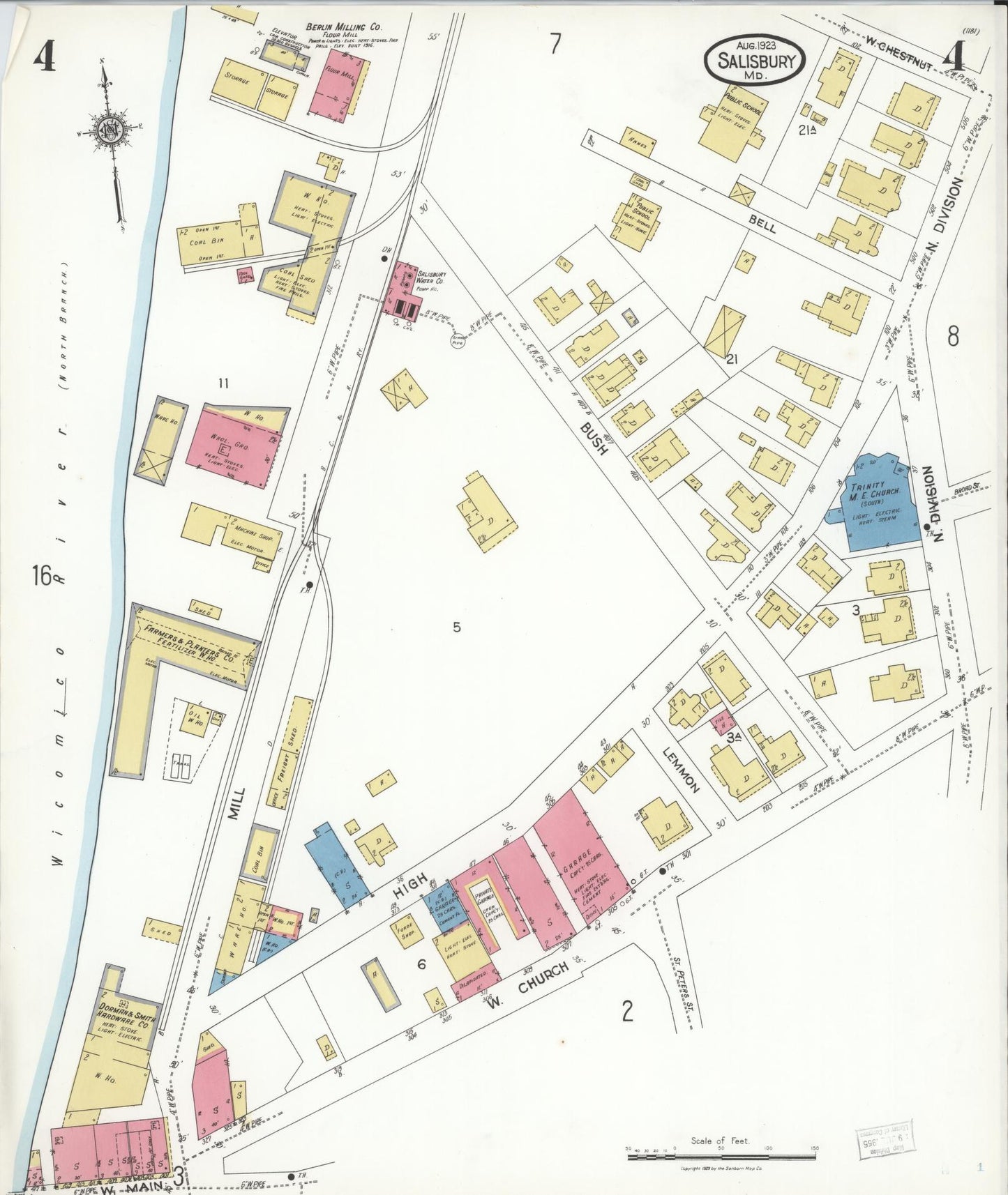 Sanborn Fire Insurance Map from Salisbury, Wicomico County, Maryland (1923), Sheet #0004 - Historic Sanborn Fire Insurance Map Print, vintage old map wall art