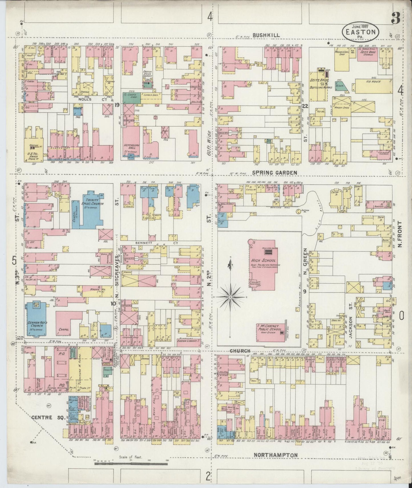 Sanborn Fire Insurance Map from Easton, Northampton County, Pennsylvania (1897), Sheet #0003 - Historic Sanborn Fire Insurance Map Print, vintage old map wall art, antique decor, genealogy gift, Pennsylvania Pennsylvania map