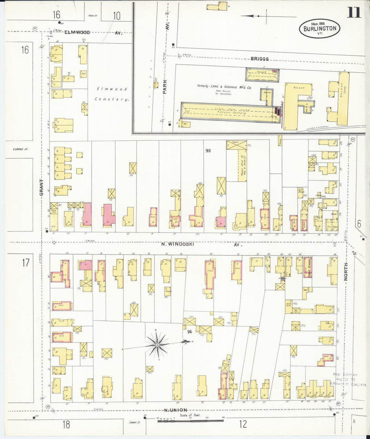 Sanborn Fire Insurance Map from Burlington, Chittenden County, Vermont (1906), Sheet #0011 - Historic Sanborn Fire Insurance Map Print, vintage old map wall art, antique decor, genealogy gift, Vermont Vermont map