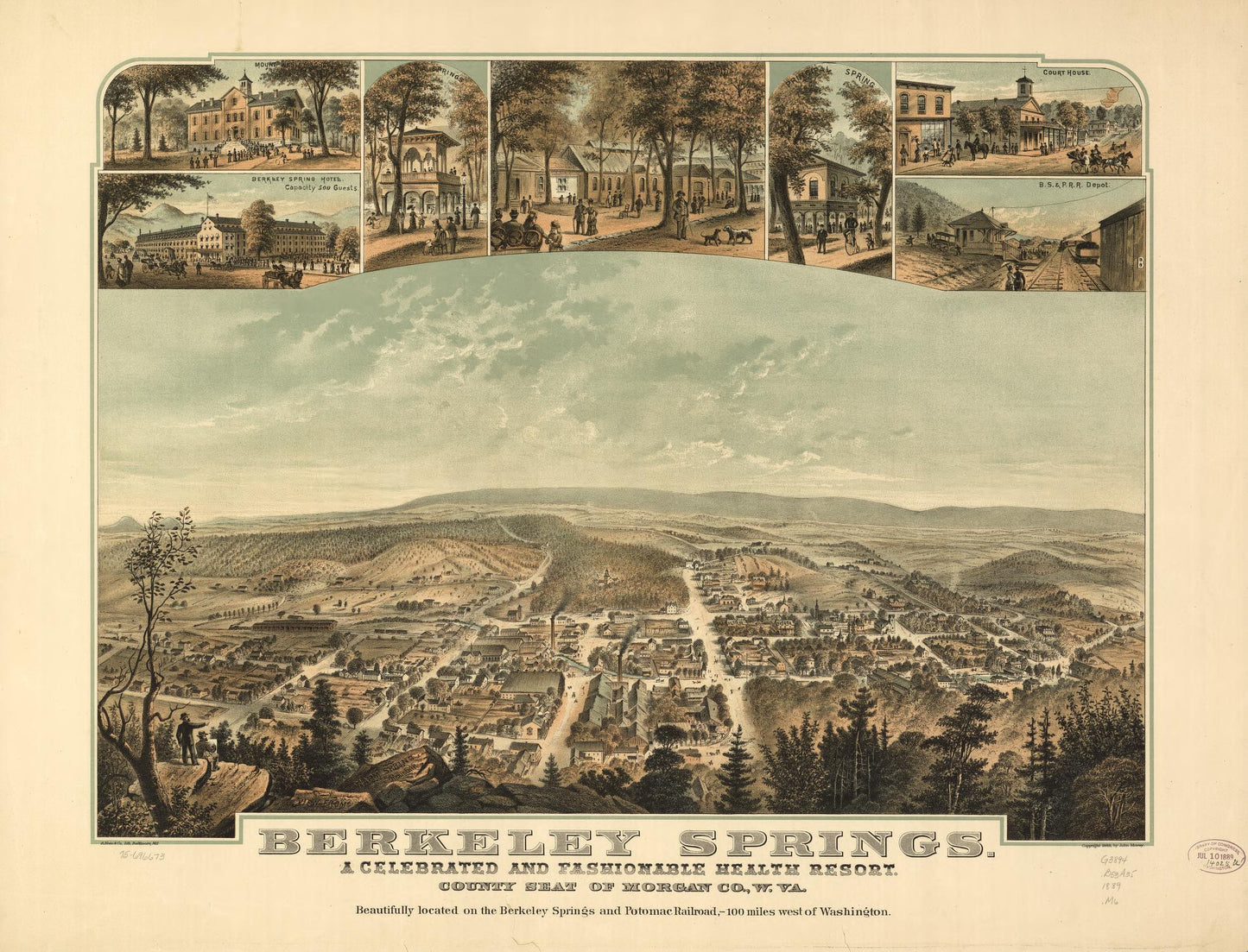Berkeley Springs, a celebrated and fashionable health resort, county seat of Morgan Co., W.Va. (1889) – Historic Bird’s-Eye View Panorama Print