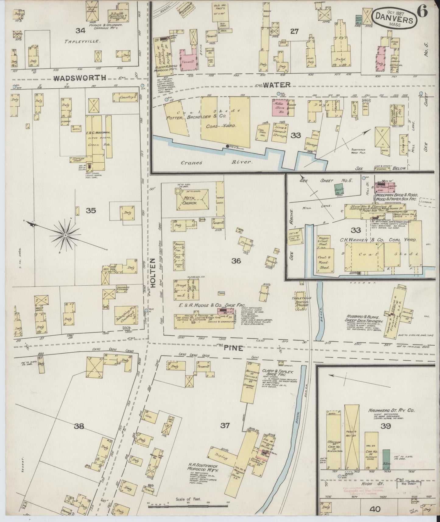 Sanborn Fire Insurance Map from Danvers, Essex County, Massachusetts (1887), Sheet #0006 - Historic Sanborn Fire Insurance Map Print, vintage old map wall art, antique decor, genealogy gift, Massachusetts Massachusetts map