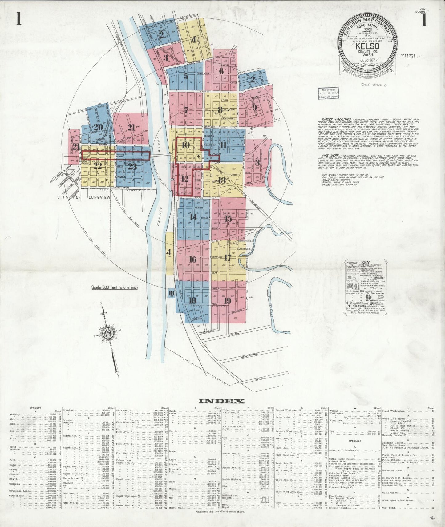 Sanborn Fire Insurance Map from Kelso, Cowlitz County, Washington (1927), Sheet #0001 - Historic Sanborn Fire Insurance Map Print, vintage old map wall art, antique decor, genealogy gift, Washington Washington map