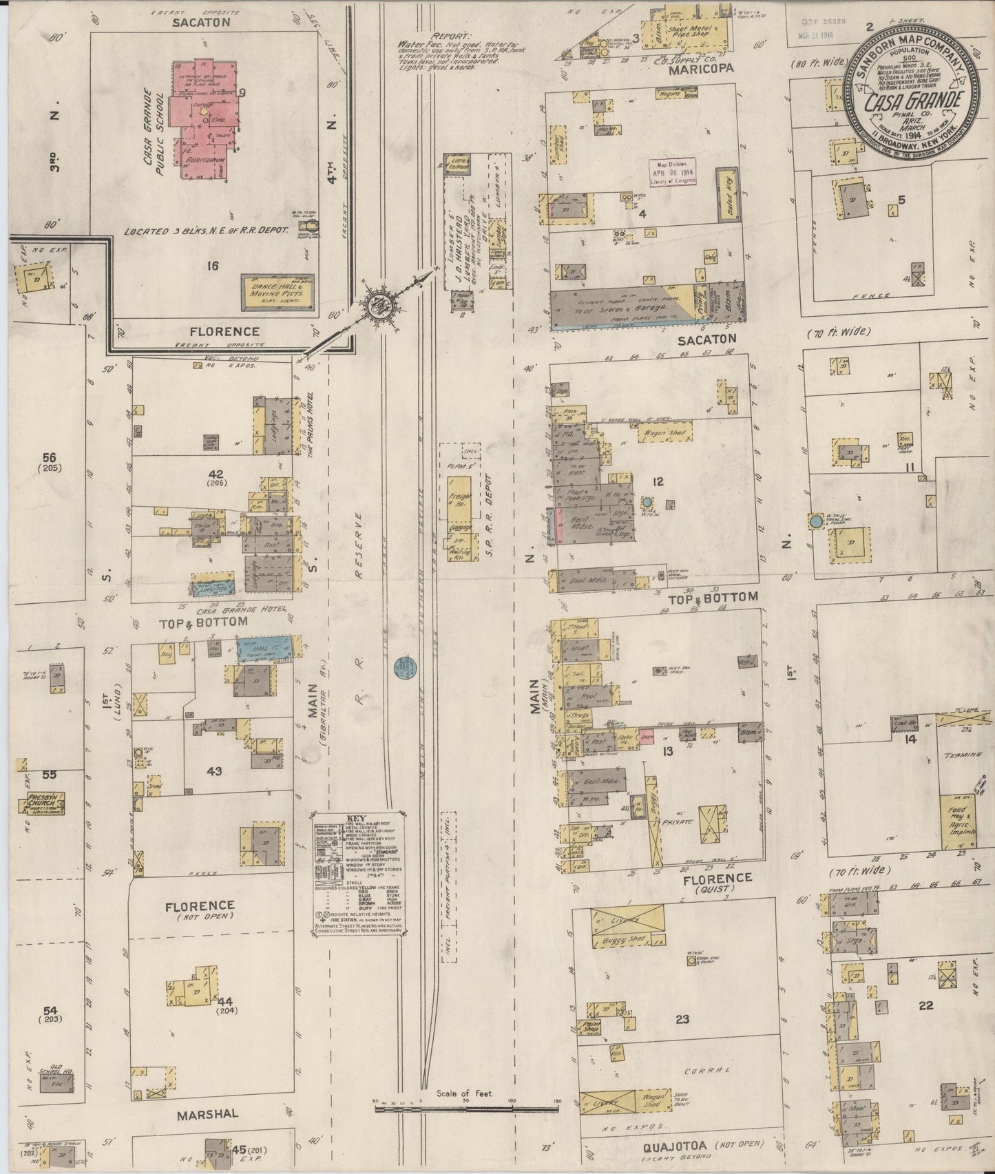 Sanborn Fire Insurance Map from Casa Grande, Pinal County, Arizona (1914), Sheet #0001 - Historic Sanborn Fire Insurance Map Print, vintage old map wall art, antique decor, genealogy gift, Arizona Arizona map