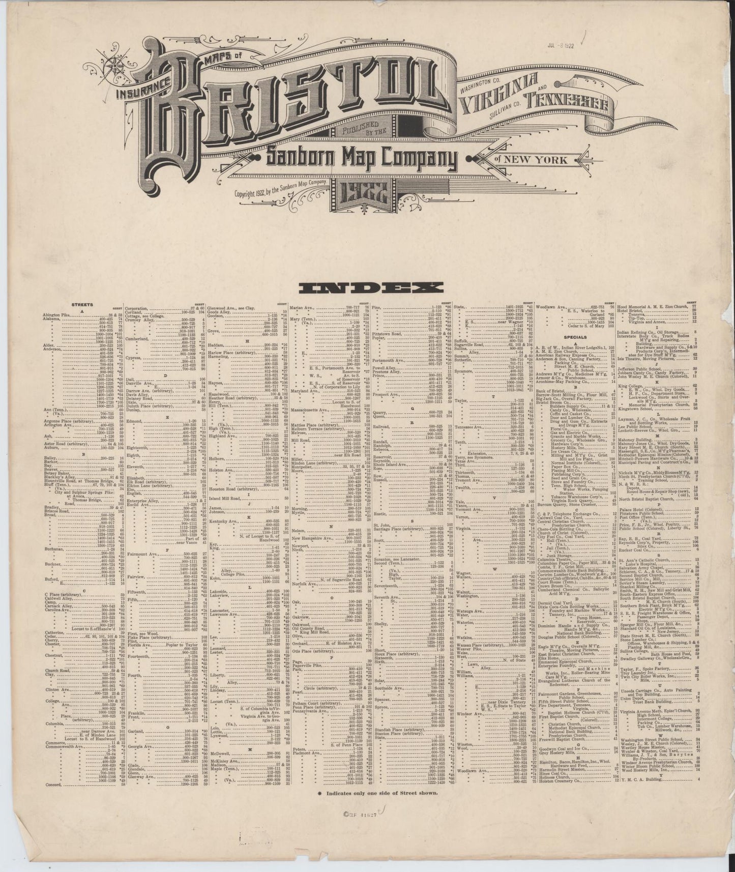 Sanborn Fire Insurance Map from Bristol, Washington County (Va) and Sullivan County (Tn), Virginia. (1922) – Historic Sanborn Fire Insurance Map Print