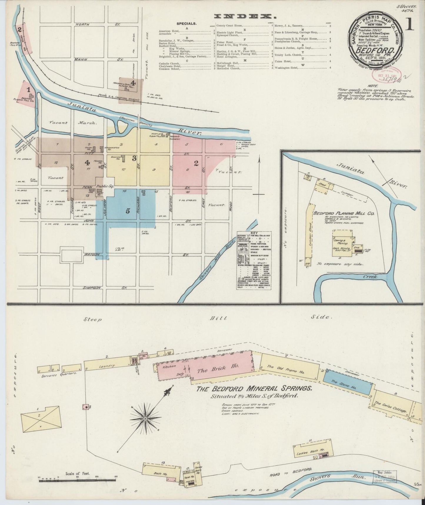 Sanborn Fire Insurance Map from Bedford, Bedford County, Pennsylvania (1891), Sheet #0001 - Historic Sanborn Fire Insurance Map Print, vintage old map wall art, antique decor, genealogy gift, Pennsylvania Pennsylvania map
