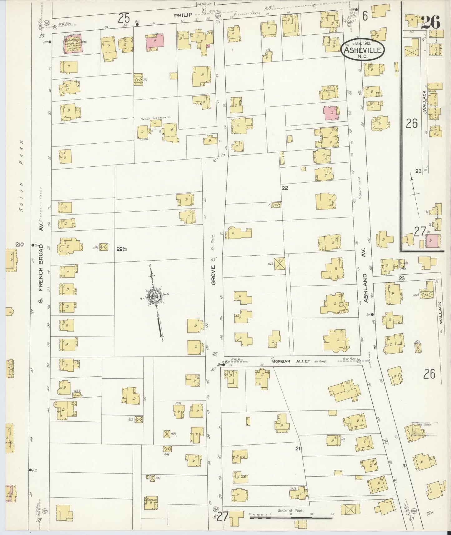 Sanborn Fire Insurance Map from Asheville, Buncombe County, North Carolina (1913), Sheet #0026 - Historic Sanborn Fire Insurance Map Print, vintage old map wall art, antique decor, genealogy gift, North Carolina North Carolina map