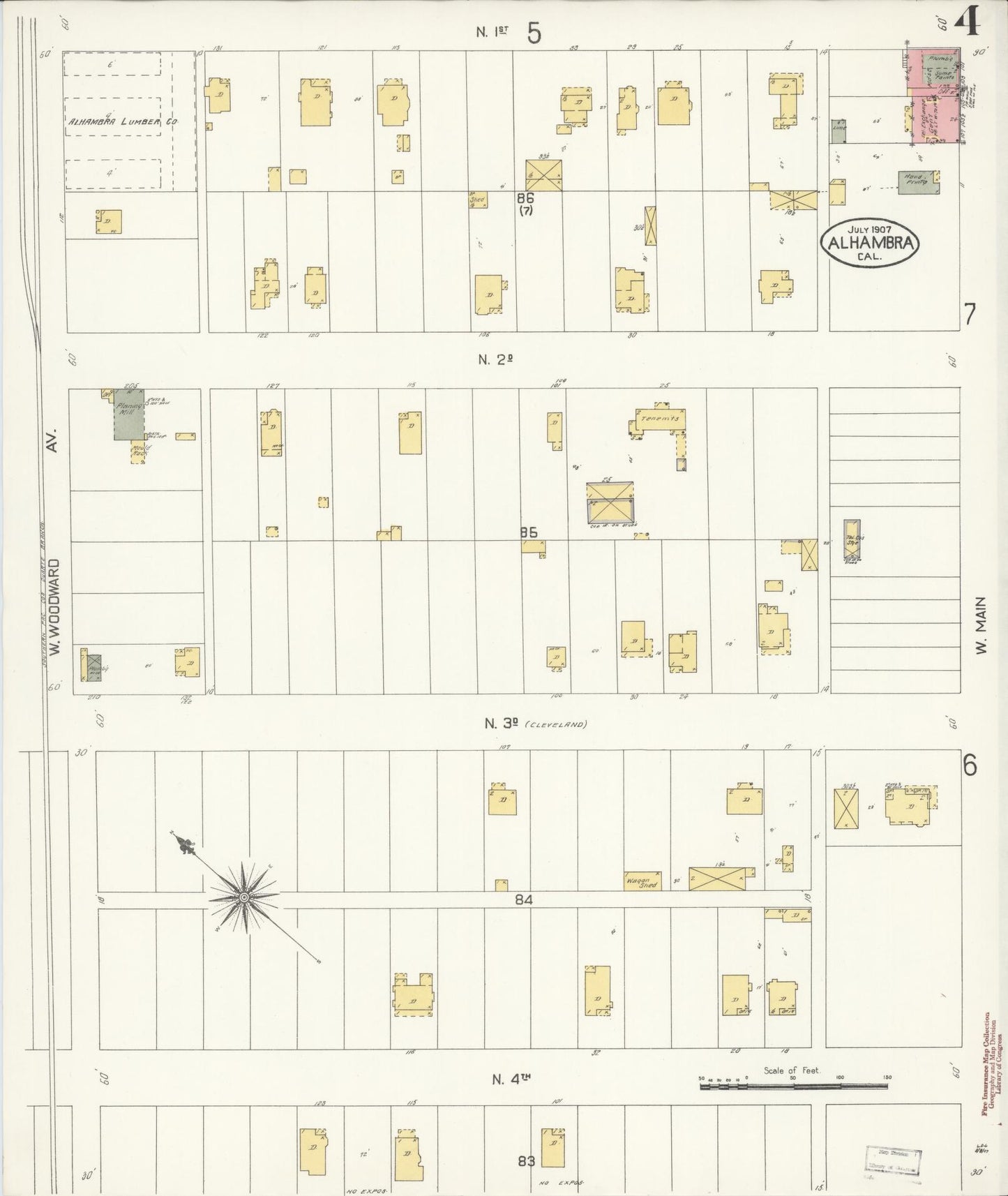 Sanborn Fire Insurance Map from Alhambra, Los Angeles County, California (1907), Sheet #0004 - Historic Sanborn Fire Insurance Map Print, vintage old map wall art, antique decor, genealogy gift, California California map