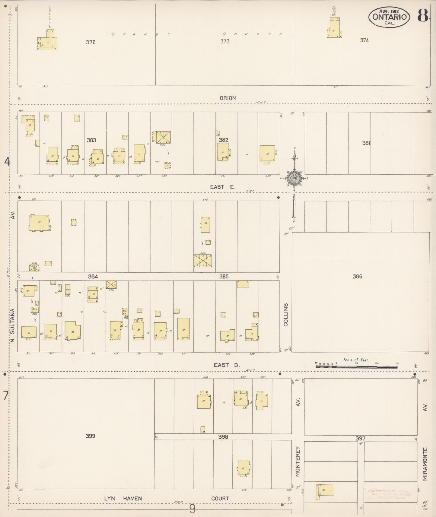 Sanborn Fire Insurance Map from Ontario, San Bernardino County, California (1912), Sheet #0008 - Historic Sanborn Fire Insurance Map Print, vintage old map wall art, antique decor, genealogy gift, California California map