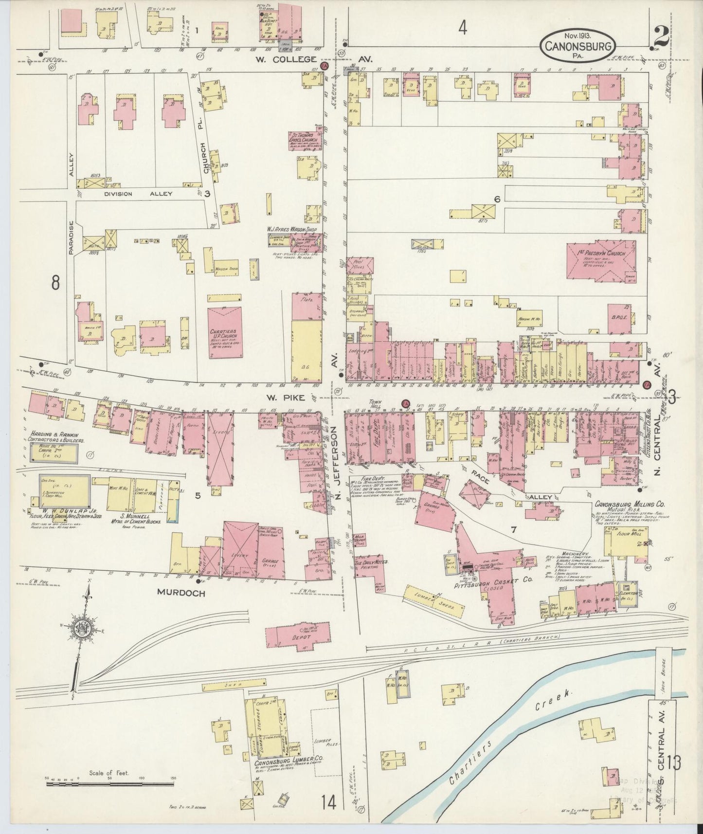 Sanborn Fire Insurance Map from Canonsburg, Washington County, Pennsylvania (1913), Sheet #0002 - Historic Sanborn Fire Insurance Map Print, vintage old map wall art, antique decor, genealogy gift, Pennsylvania Pennsylvania map