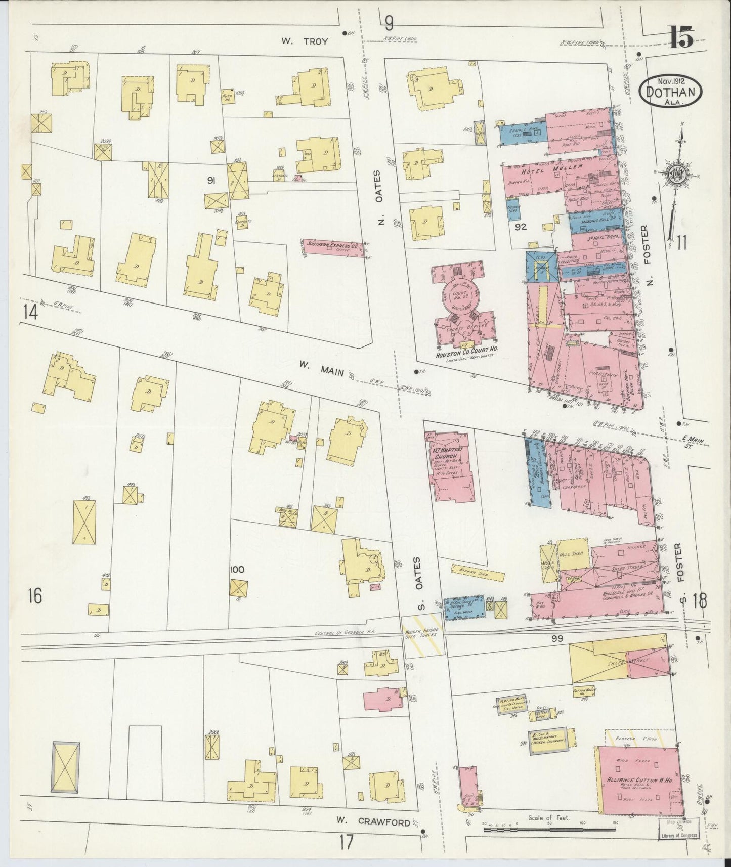 Sanborn Fire Insurance Map from Dothan, Houston County, Alabama (1912), Sheet #0015 - Historic Sanborn Fire Insurance Map Print, vintage old map wall art, antique decor, genealogy gift, Alabama Alabama map