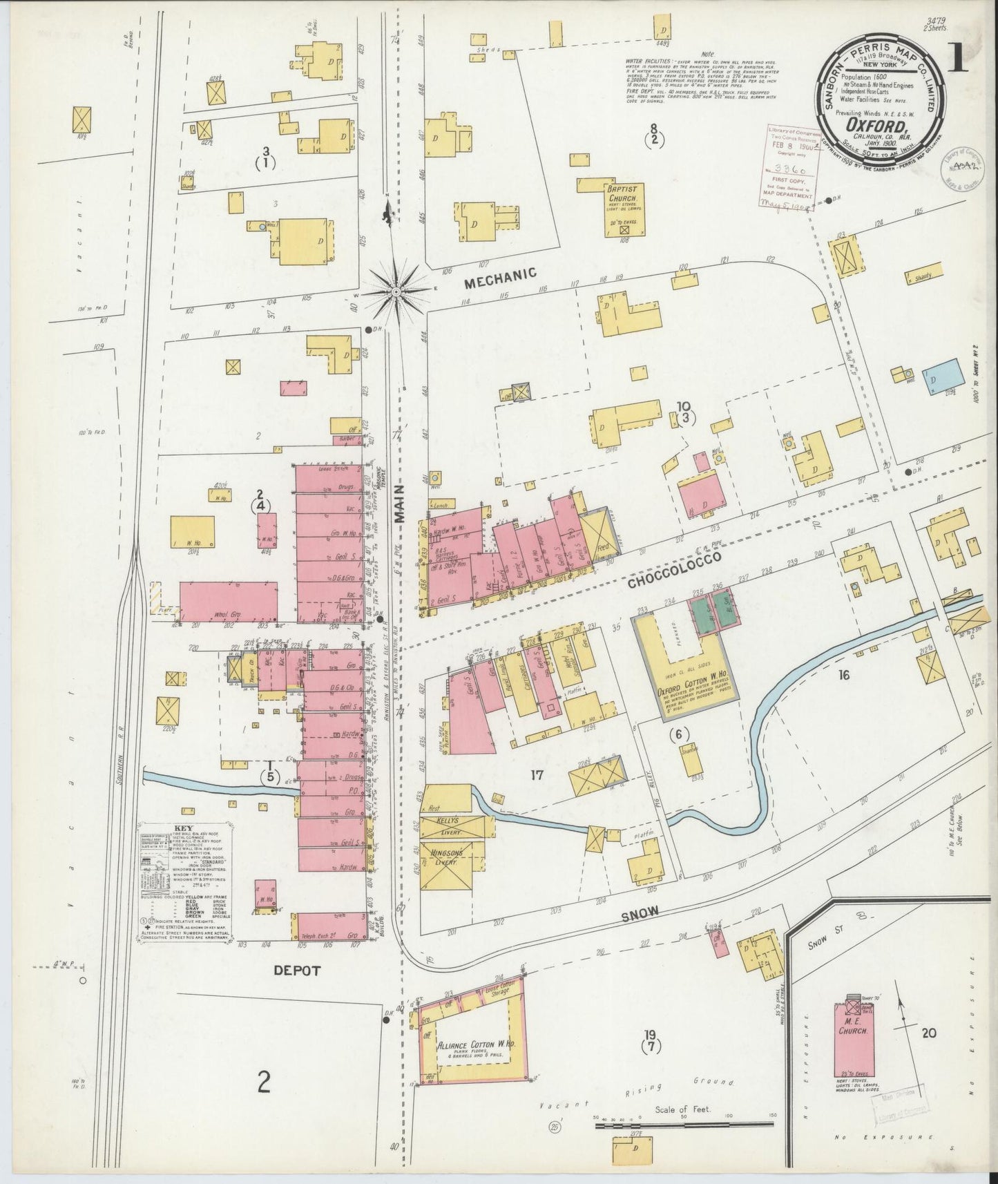 Sanborn Fire Insurance Map from Oxford, Calhoun County, Alabama (1900), Sheet #0001 - Historic Sanborn Fire Insurance Map Print, vintage old map wall art, antique decor, genealogy gift, Alabama Alabama map