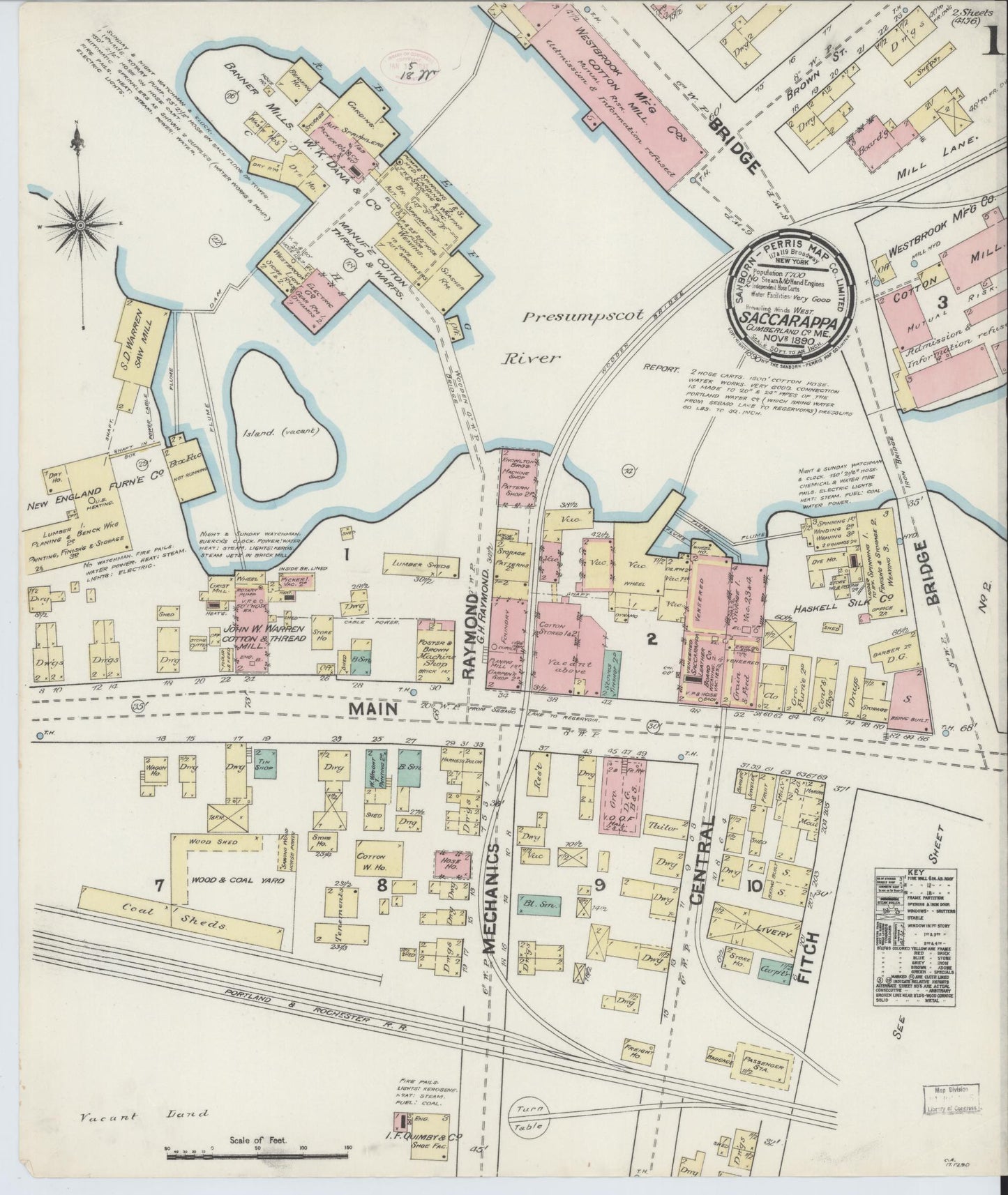 Sanborn Fire Insurance Map from Saccarappa, Cumberland County, Maine. (1890) – Historic Sanborn Fire Insurance Map Print
