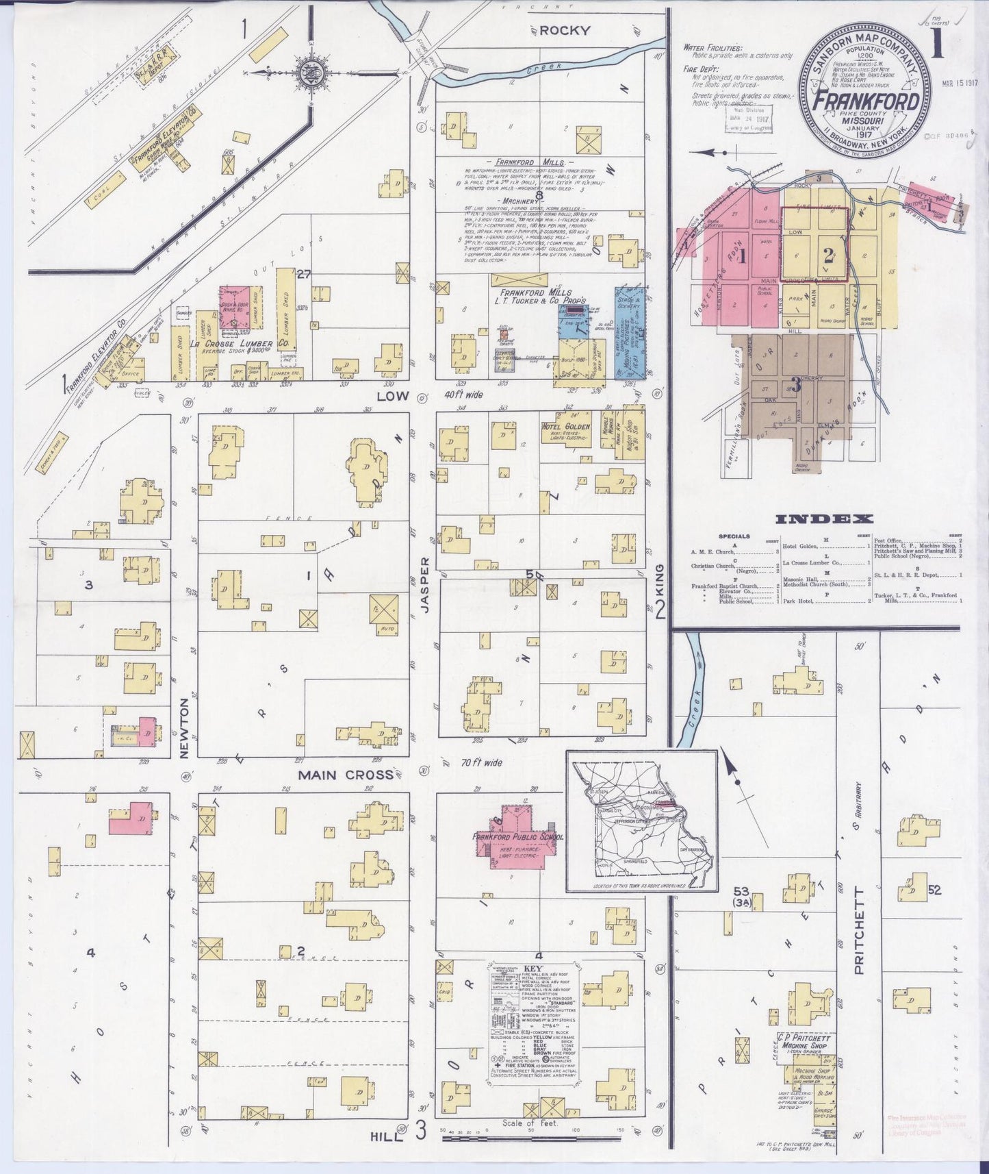 Sanborn Fire Insurance Map from Frankford, Pike County, Missouri (1917), Sheet #0001 - Historic Sanborn Fire Insurance Map Print, vintage old map wall art, antique decor, genealogy gift, Missouri Missouri map