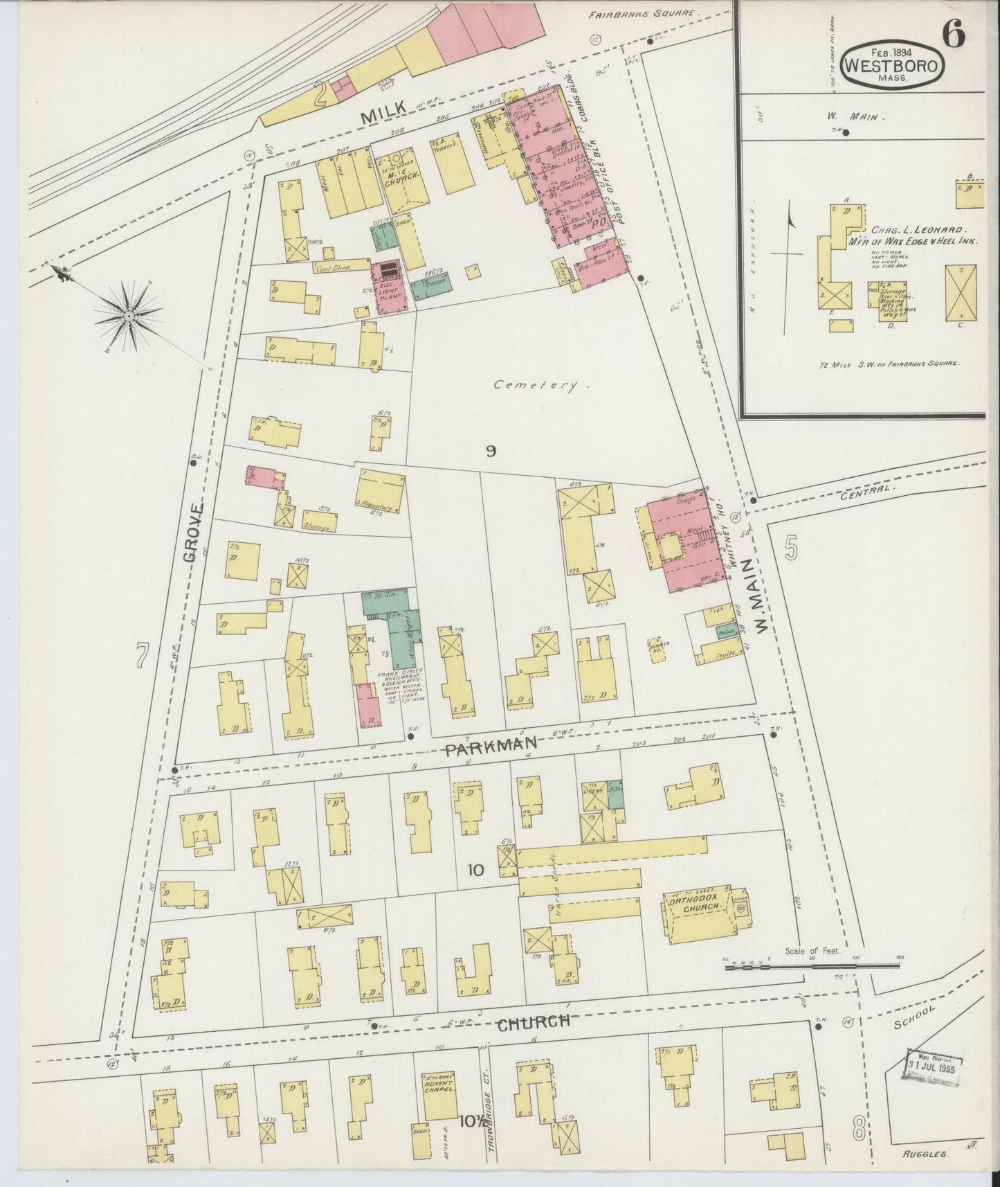 Sanborn Fire Insurance Map from Westboro, Worcester County, Massachusetts (1894), Sheet #0006 - Historic Sanborn Fire Insurance Map Print, vintage old map wall art, antique decor, genealogy gift, Massachusetts Massachusetts map