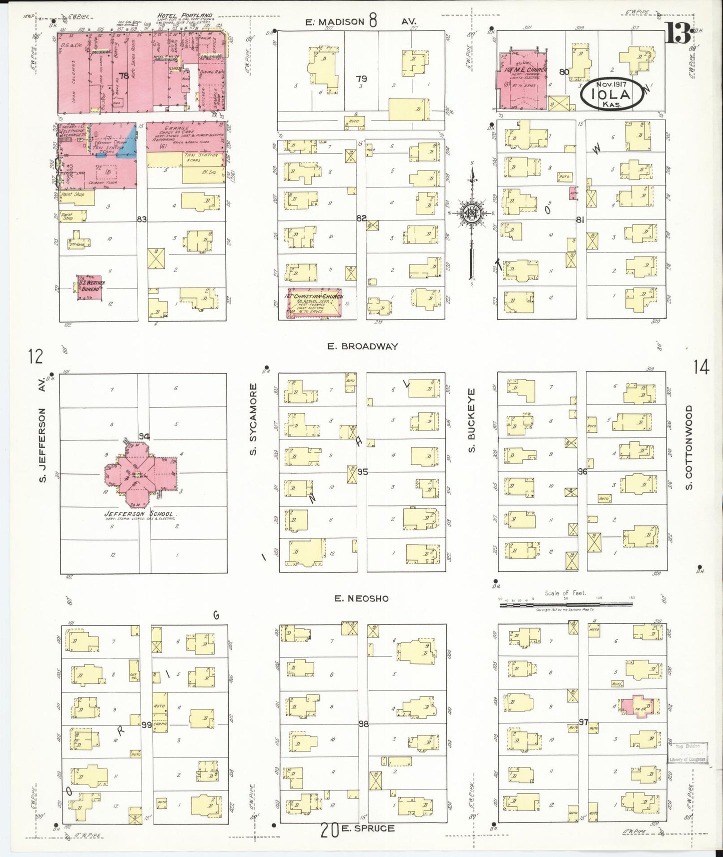 Sanborn Fire Insurance Map from Iola, Allen County, Kansas (1917), Sheet #0013 - Historic Sanborn Fire Insurance Map Print, vintage old map wall art, antique decor, genealogy gift, Kansas Kansas map