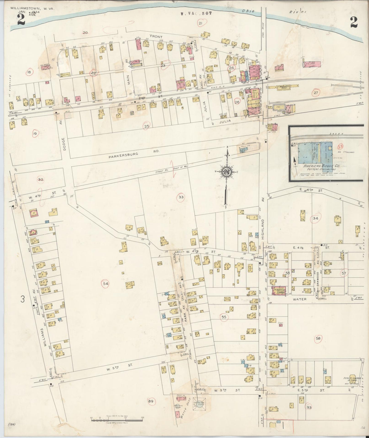 Sanborn Fire Insurance Map from Williamstown, Wood County, West Virginia (1945), Sheet #0002 - Historic Sanborn Fire Insurance Map Print, vintage old map wall art, antique decor, genealogy gift, West Virginia West Virginia map