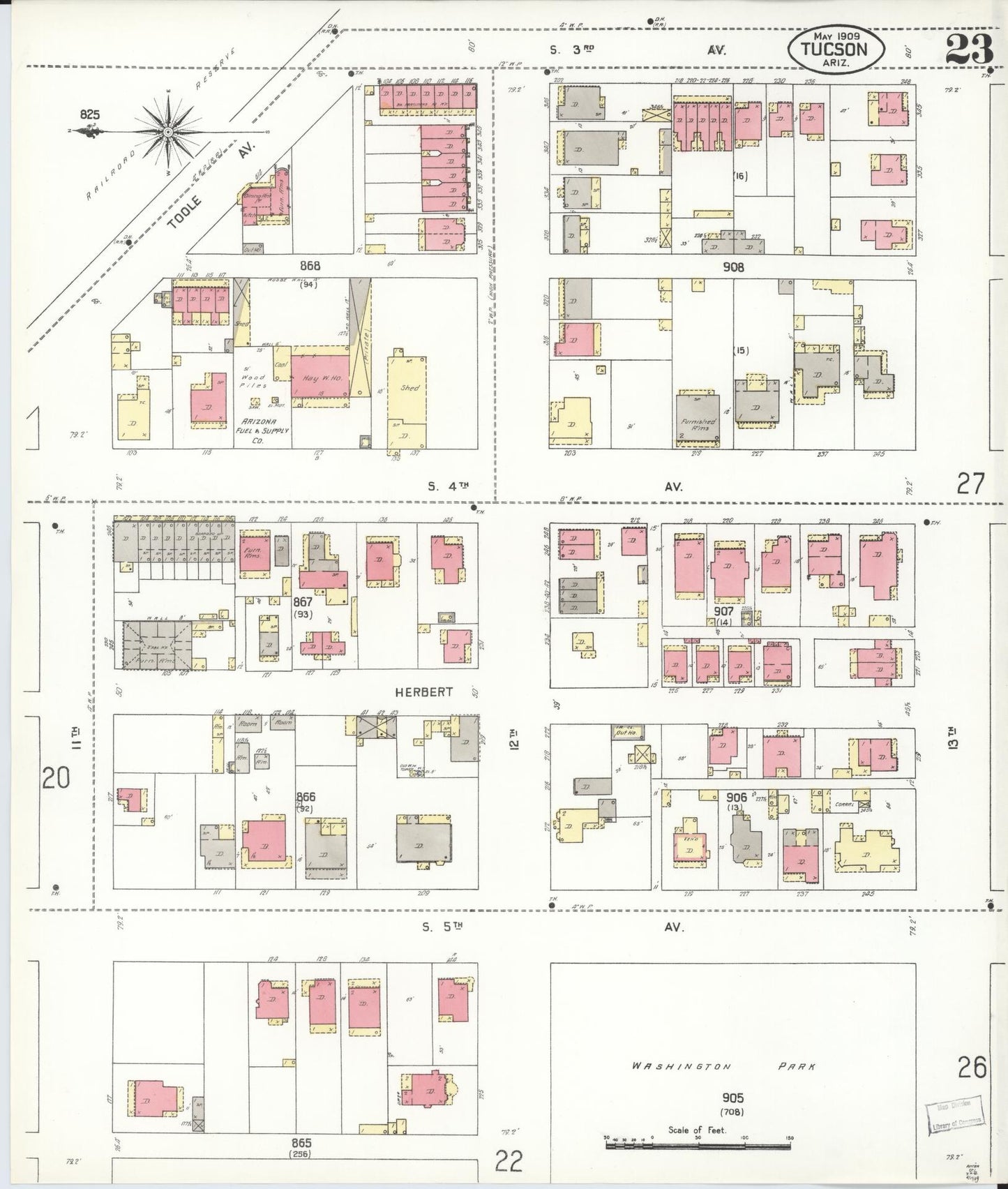 Sanborn Fire Insurance Map from Tucson, Pima County, Arizona (1909), Sheet #0023 - Historic Sanborn Fire Insurance Map Print, vintage old map wall art, antique decor, genealogy gift, Arizona Arizona map