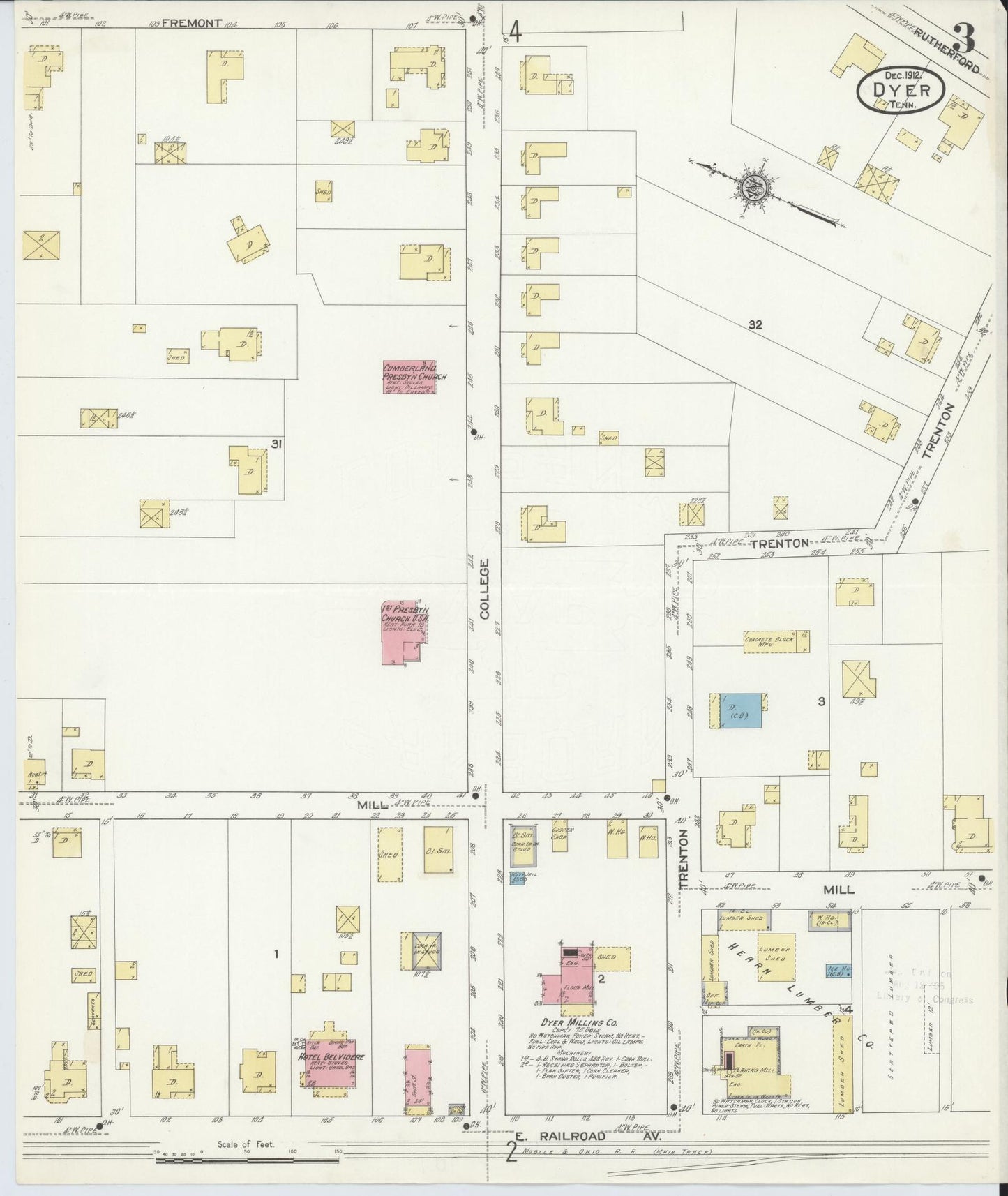 Sanborn Fire Insurance Map from Dyer, Gibson County, Tennessee (1912), Sheet #0003 - Historic Sanborn Fire Insurance Map Print, vintage old map wall art, antique decor, genealogy gift, Tennessee Tennessee map