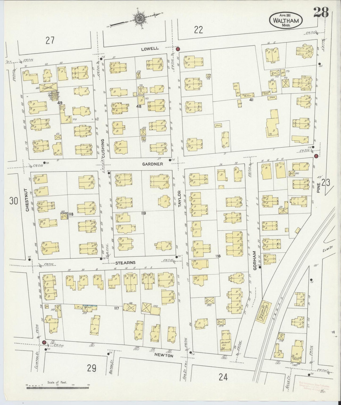 Sanborn Fire Insurance Map from Waltham, Middlesex County, Massachusetts (1911), Sheet #0028 - Historic Sanborn Fire Insurance Map Print, vintage old map wall art, antique decor, genealogy gift, Massachusetts Massachusetts map