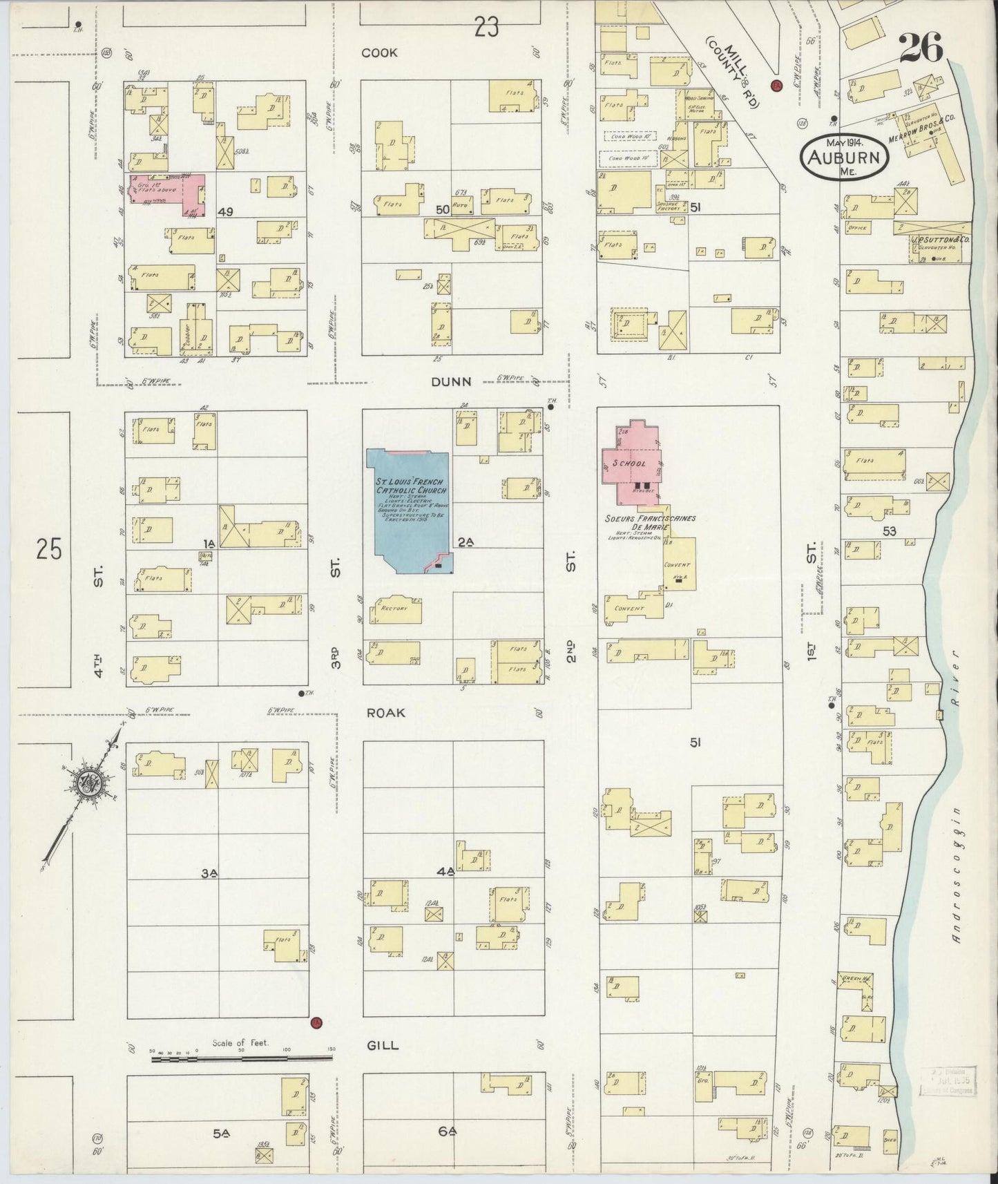 Sanborn Fire Insurance Map from Auburn, Androscoggin County, Maine (1914), Sheet #0026 - Historic Sanborn Fire Insurance Map Print, vintage old map wall art, antique decor, genealogy gift, Maine Maine map