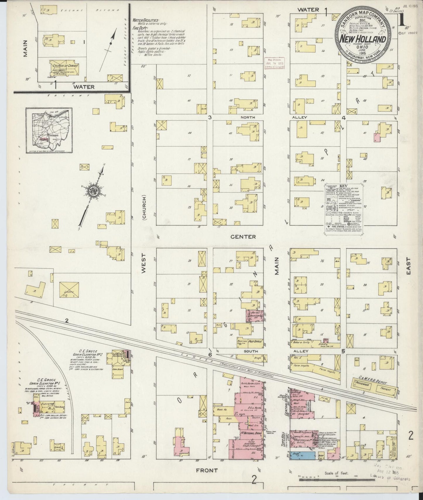 Sanborn Fire Insurance Map from New Holland, Pickaway County, Ohio (1915), Sheet #0001 - Historic Sanborn Fire Insurance Map Print, vintage old map wall art, antique decor, genealogy gift, Ohio Ohio map