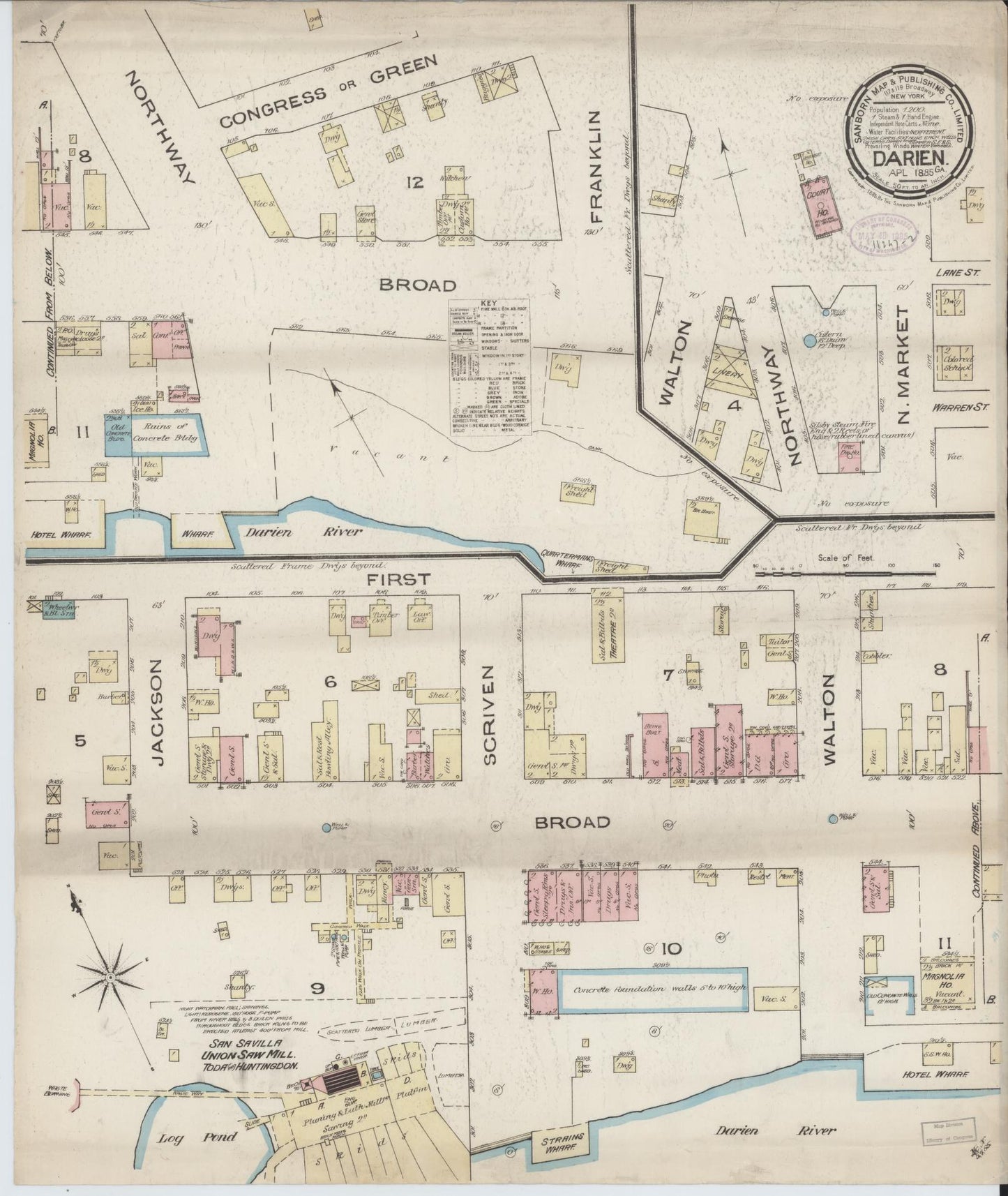 Sanborn Fire Insurance Map from Darien, Mcintosh County, Georgia (1885), Sheet #0001 - Historic Sanborn Fire Insurance Map Print, vintage old map wall art, antique decor, genealogy gift, Georgia Georgia map