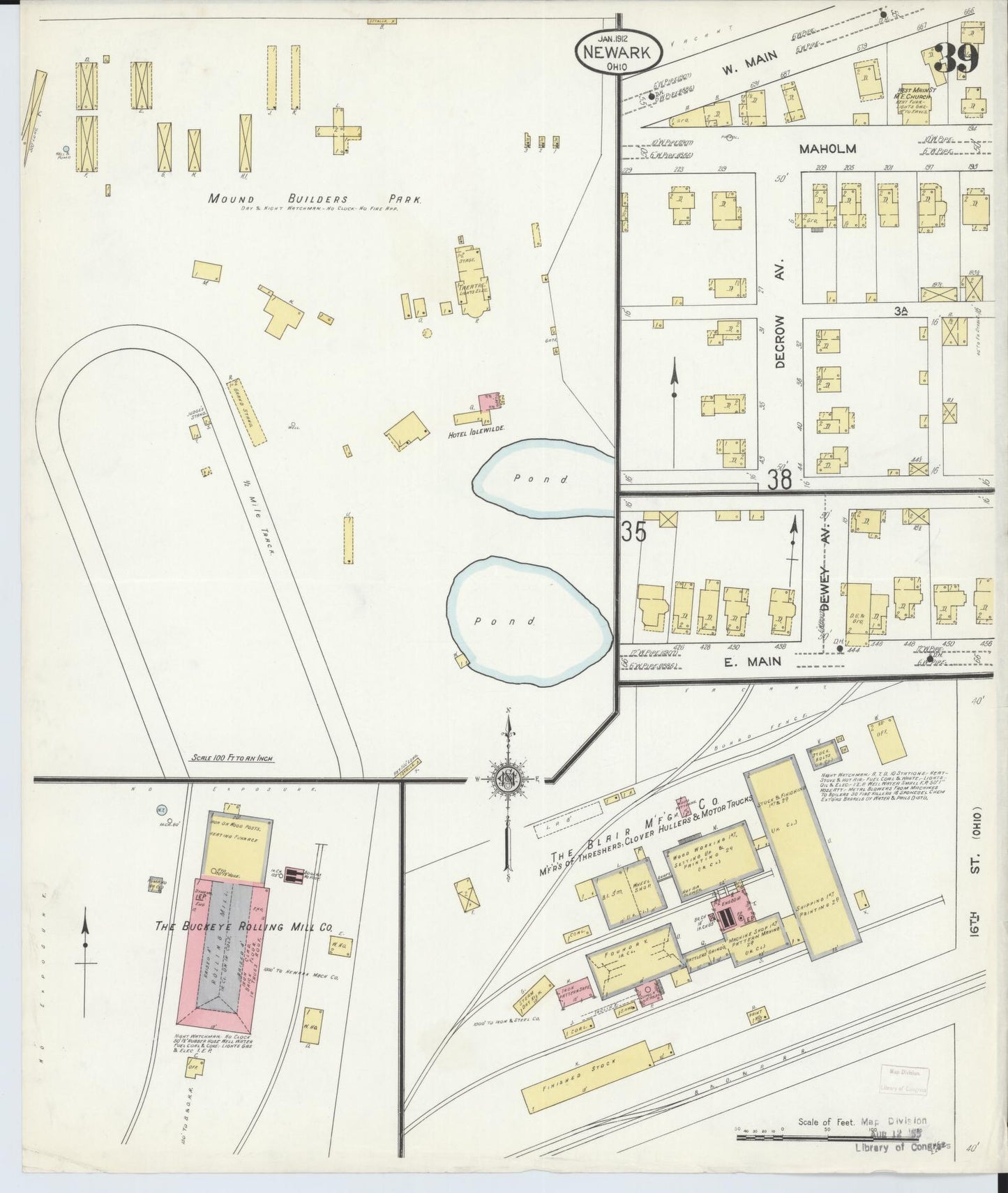 Sanborn Fire Insurance Map from Newark, Licking County, Ohio (1912), Sheet #0039 - Historic Sanborn Fire Insurance Map Print, vintage old map wall art, antique decor, genealogy gift, Ohio Ohio map
