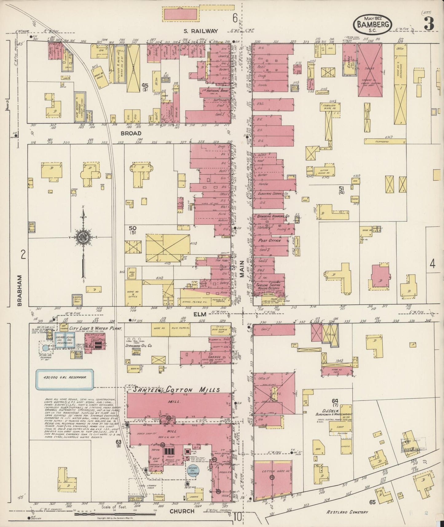 Sanborn Fire Insurance Map from Bamberg, Bamberg County, South Carolina (1922), Sheet #0003 - Historic Sanborn Fire Insurance Map Print, vintage old map wall art, antique decor, genealogy gift, South Carolina South Carolina map