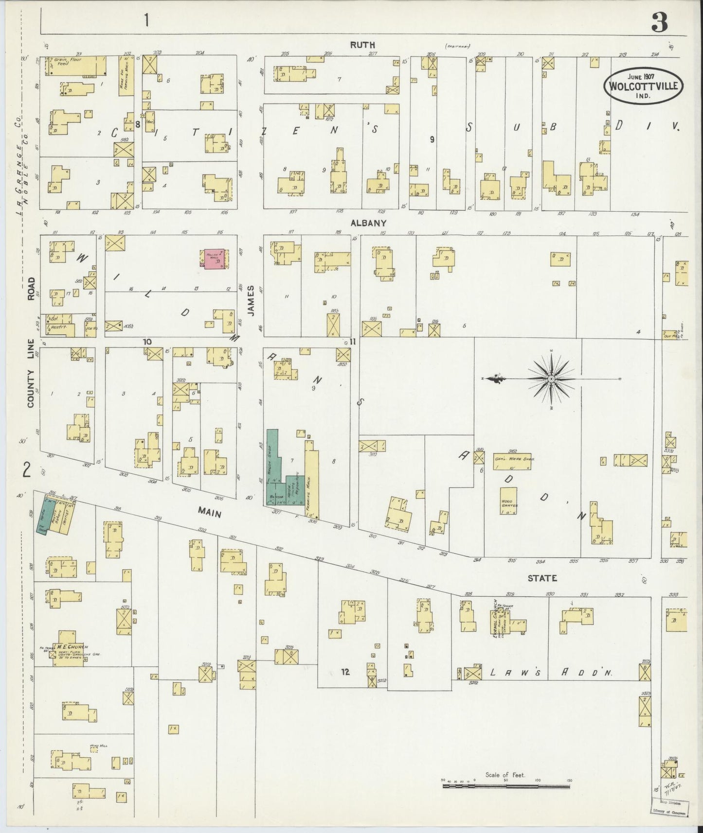 Sanborn Fire Insurance Map from Wolcottville, Noble And LaGrange Counties, Indiana (1907), Sheet #0003 - Complete Map Set gallery image, historic Sanborn map, vintage wall art, Indiana Indiana