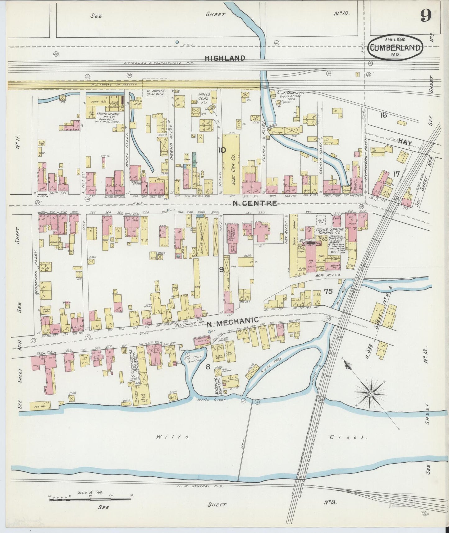 Allegany, Maryland - 1892 - Sanborn Fire Insurance Map, Sheet #0009 - Historic Sanborn Fire Insurance Map Print, Allegany Maryland 1892 0009 vintage old map wall art