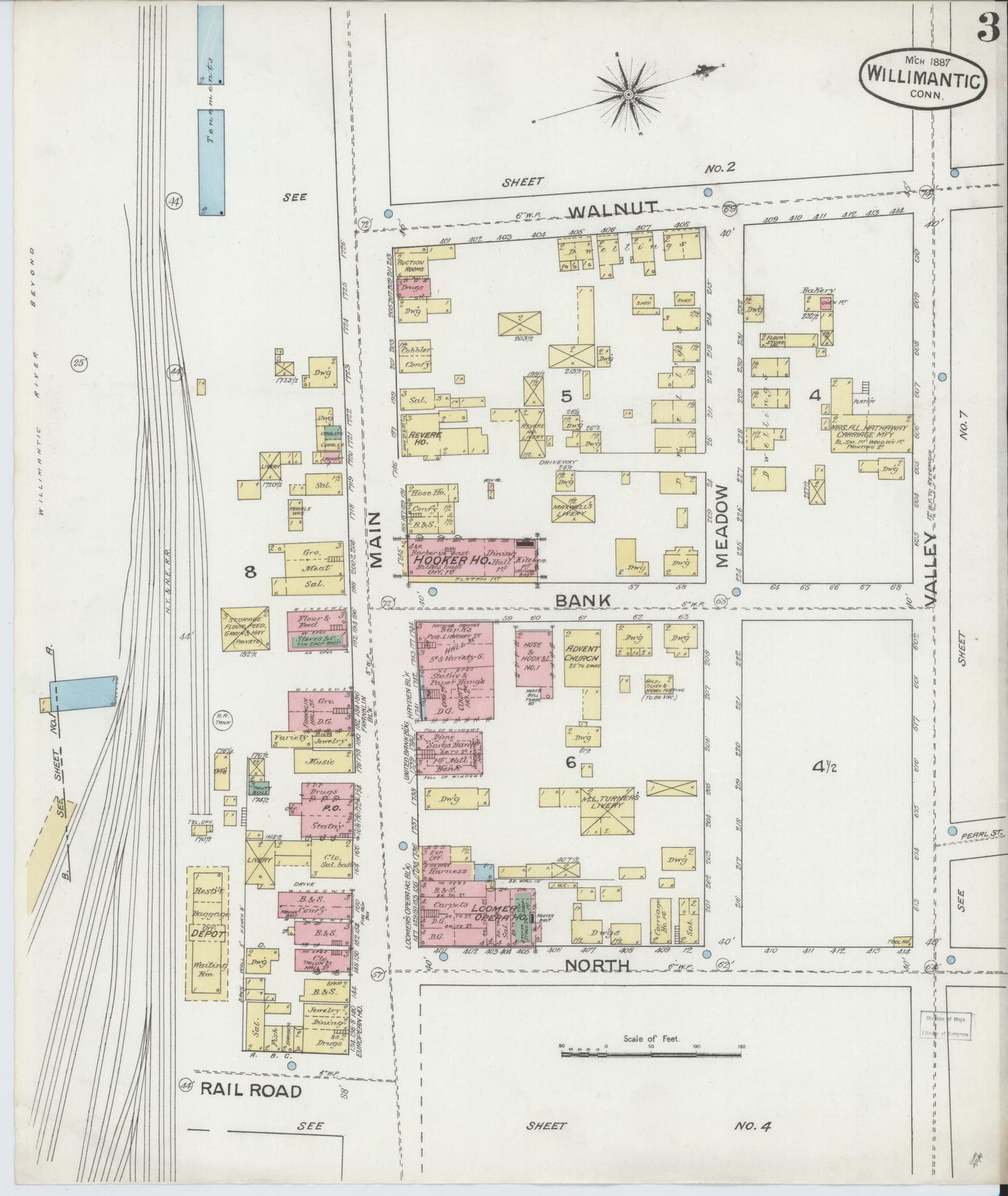 Sanborn Fire Insurance Map from Willimantic, Windham County, Connecticut (1887), Sheet #0003 - Historic Sanborn Fire Insurance Map Print, vintage old map wall art, antique decor, genealogy gift, Connecticut Connecticut map