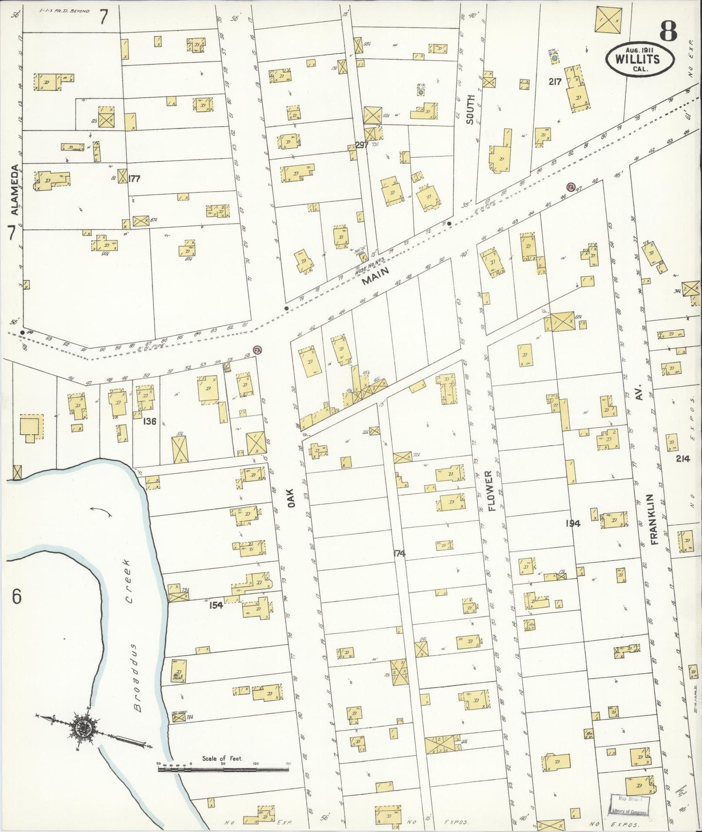 Sanborn Fire Insurance Map from Willits, Mendocino County, California (1911), Sheet #0008 - Complete Map Set gallery image, historic Sanborn map, vintage wall art, California California