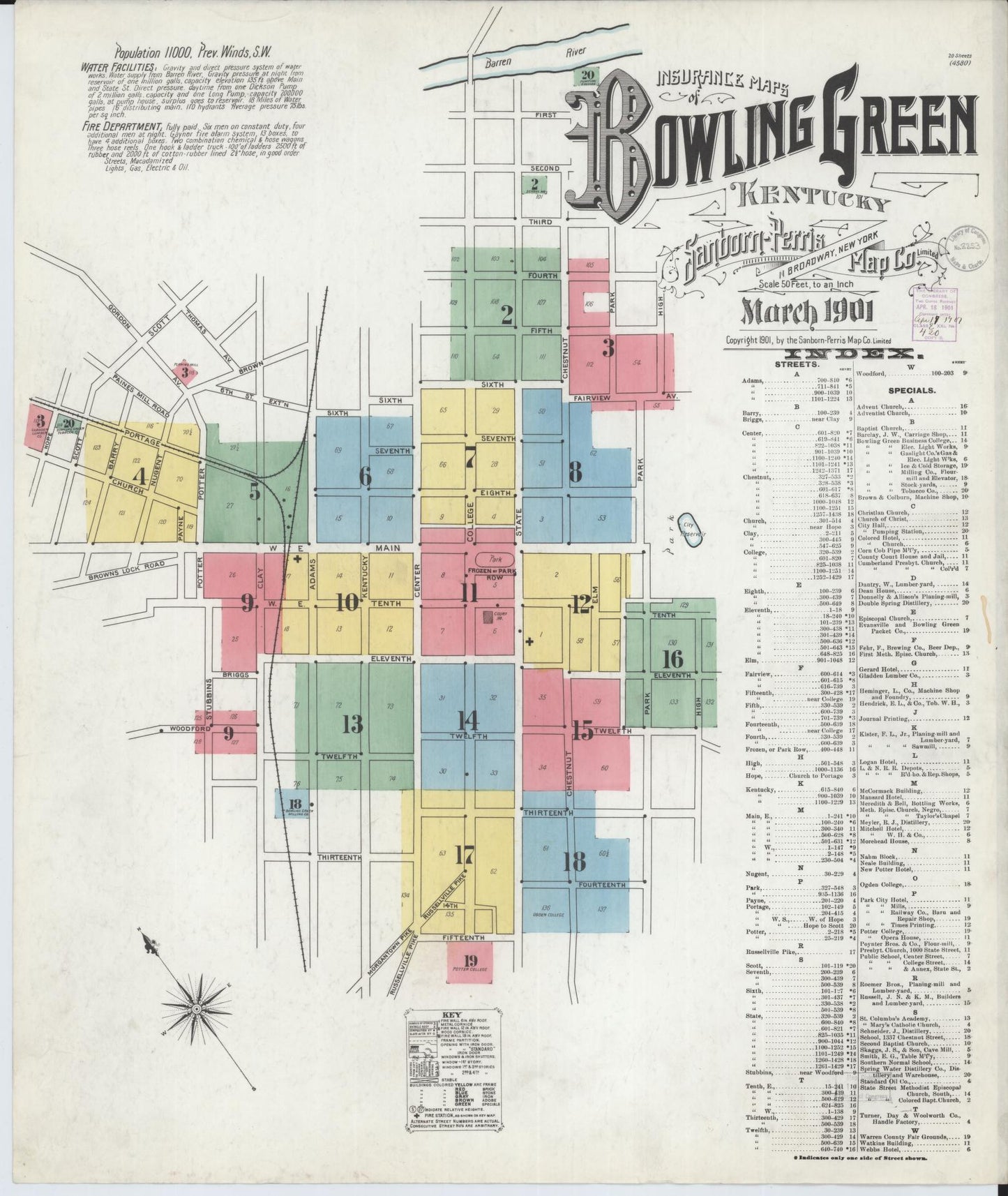 Sanborn Fire Insurance Map from Bowling Green, Warren County, Kentucky (1901), Sheet #0001 - Historic Sanborn Fire Insurance Map Print, vintage old map wall art, antique decor, genealogy gift, Kentucky Kentucky map