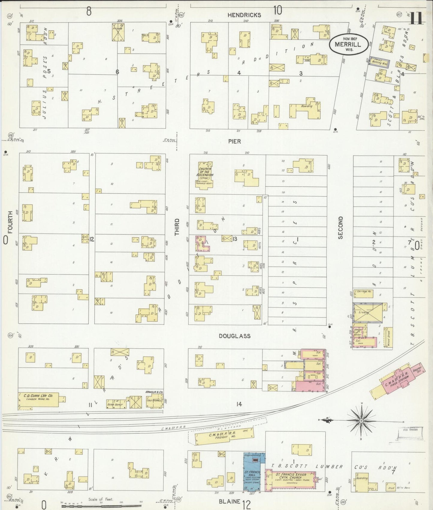 Sanborn Fire Insurance Map from Merrill, Lincoln County, Wisconsin (1907), Sheet #0011 - Historic Sanborn Fire Insurance Map Print, vintage old map wall art, antique decor, genealogy gift, Wisconsin Wisconsin map