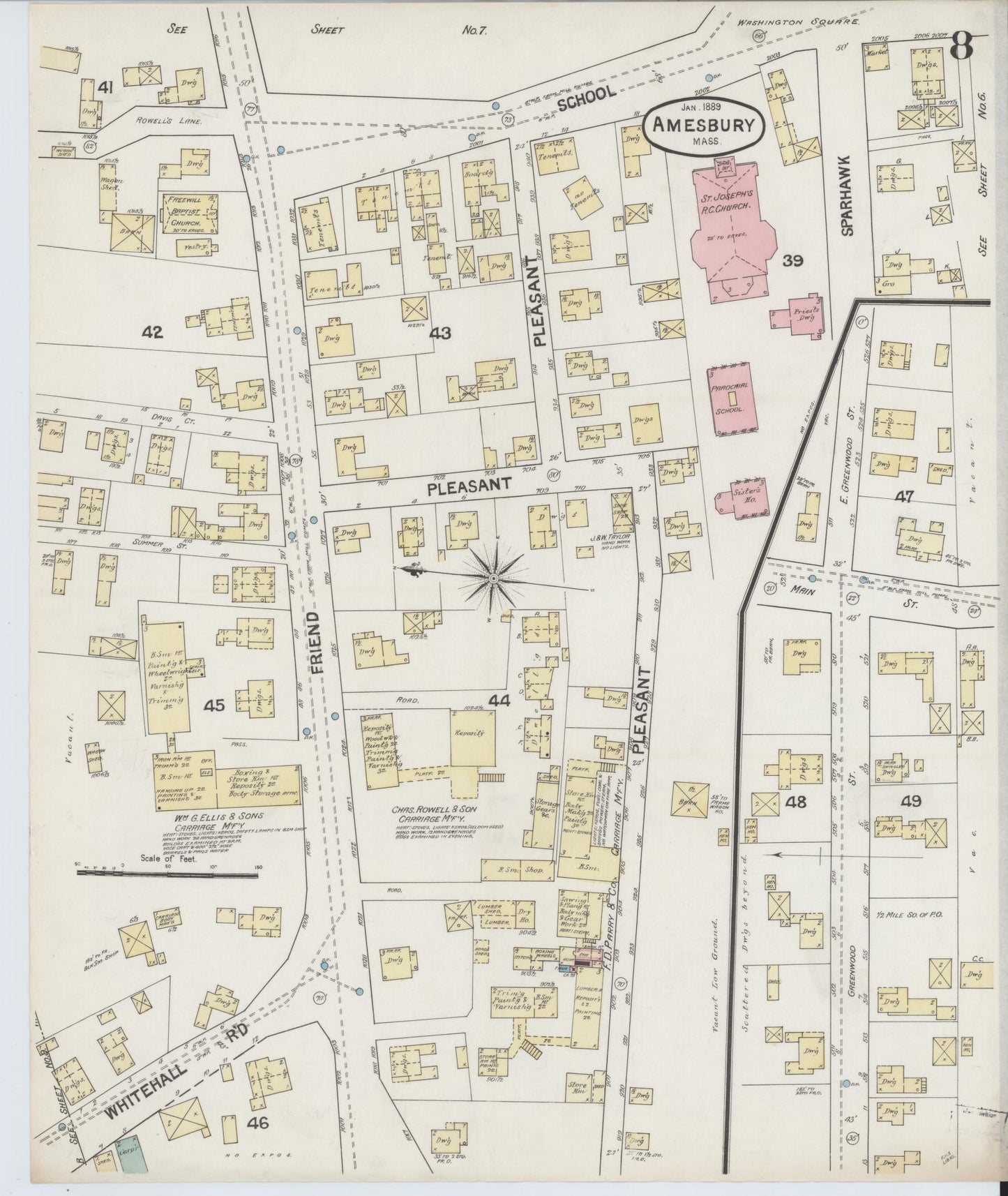 Sanborn Fire Insurance Map from Amesbury, Essex County, Massachusetts (1889), Sheet #0008 - Historic Sanborn Fire Insurance Map Print, vintage old map wall art, antique decor, genealogy gift, Massachusetts Massachusetts map