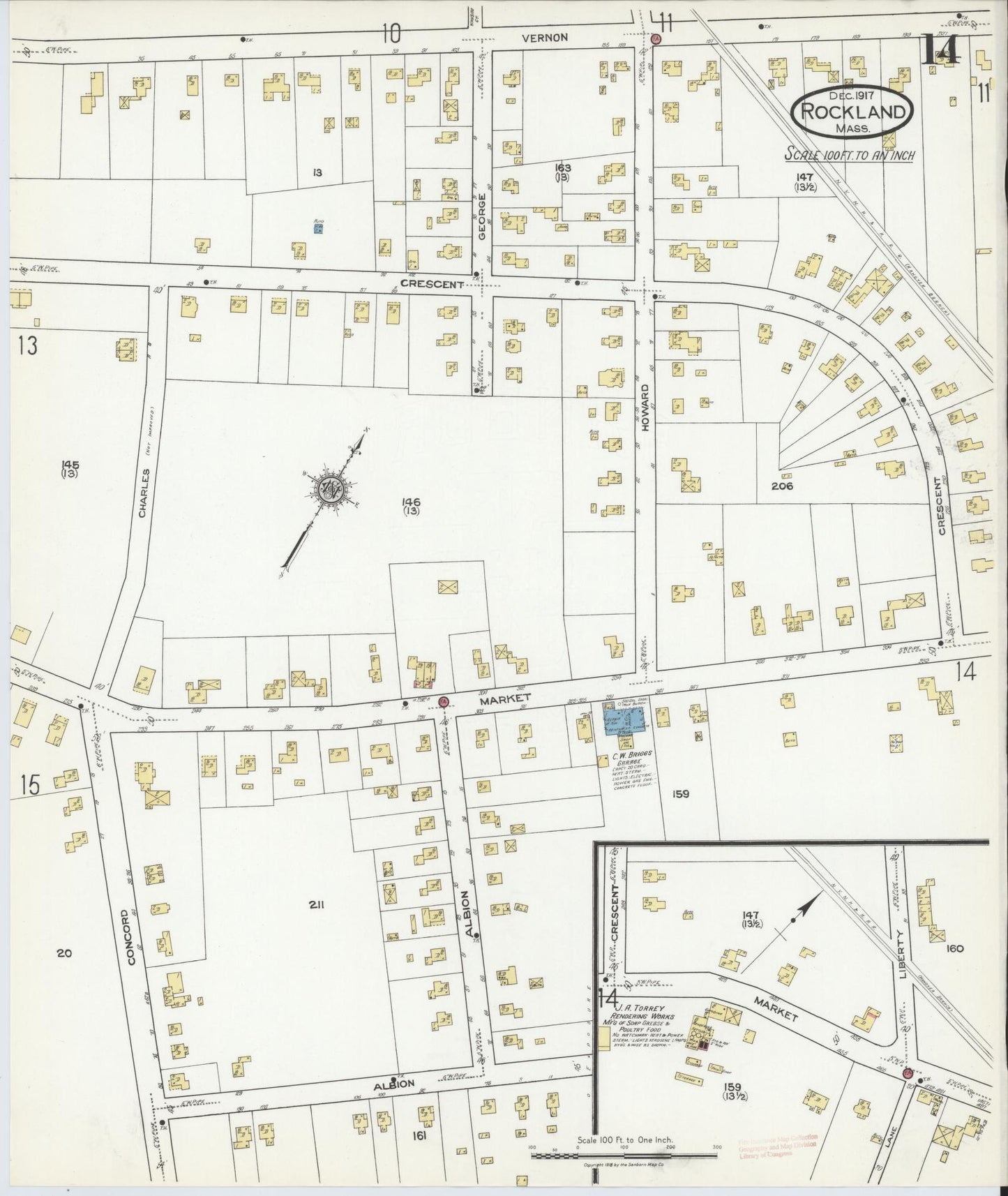 Sanborn Fire Insurance Map from Rockland, Plymouth County, Massachusetts (1917), Sheet #0014 - Historic Sanborn Fire Insurance Map Print, vintage old map wall art, antique decor, genealogy gift, Massachusetts Massachusetts map