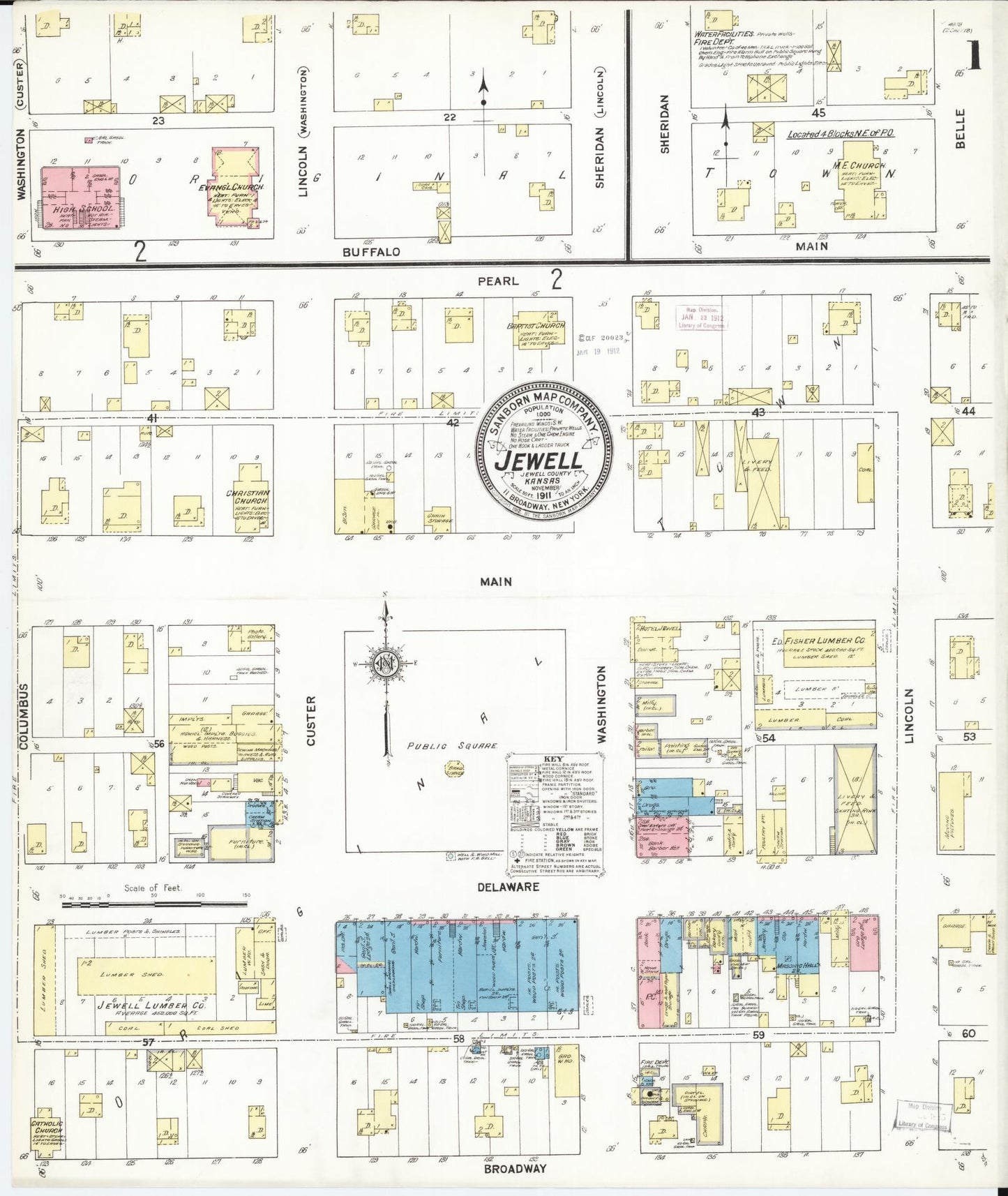 Sanborn Fire Insurance Map from Jewell, Jewell County, Kansas (1911), Sheet #0001 - Historic Sanborn Fire Insurance Map Print, vintage old map wall art, antique decor, genealogy gift, Kansas Kansas map