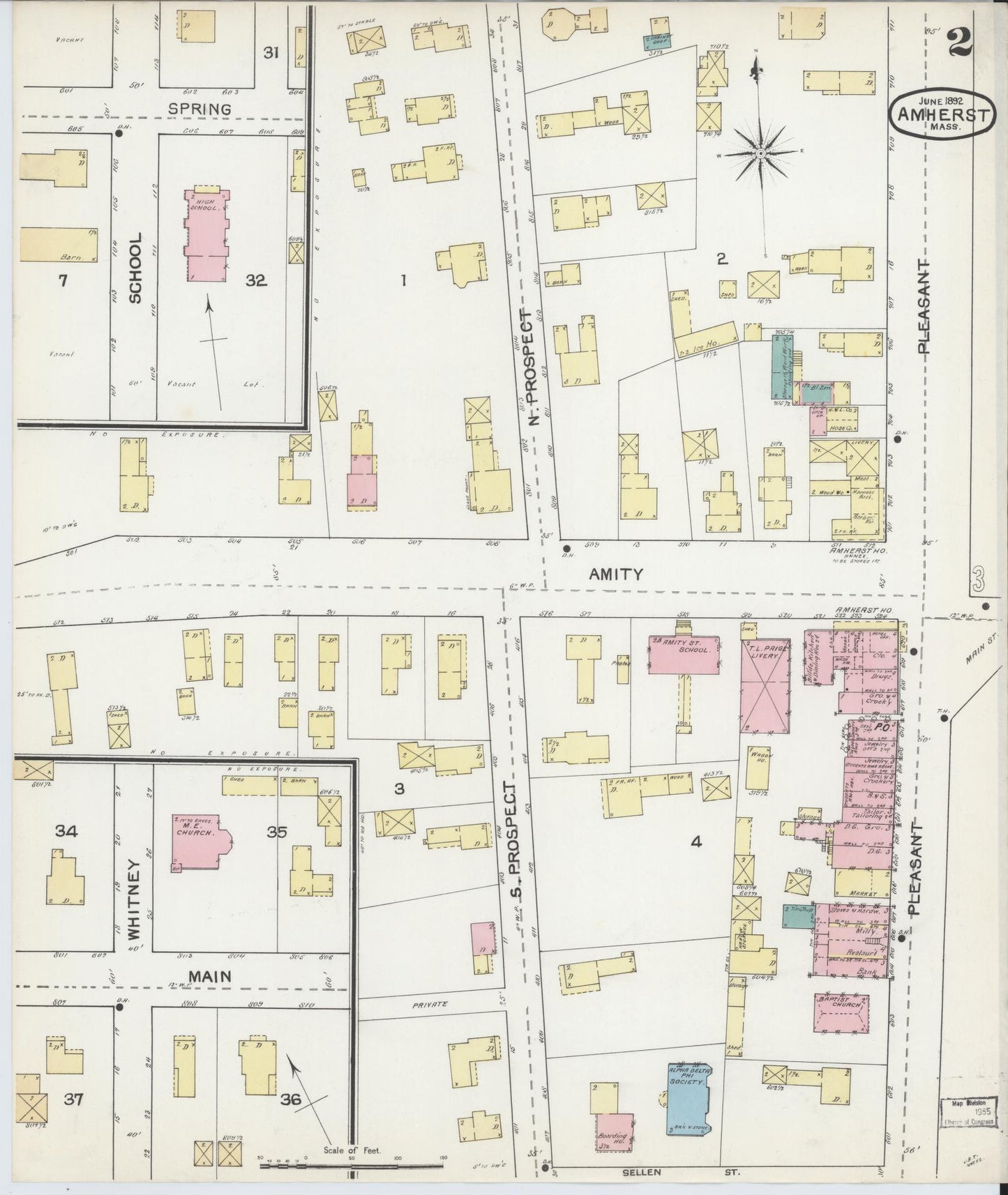 Sanborn Fire Insurance Map from Amherst, Hampshire County, Massachusetts (1892), Sheet #0002 - Historic Sanborn Fire Insurance Map Print, vintage old map wall art, antique decor, genealogy gift, Massachusetts Massachusetts map
