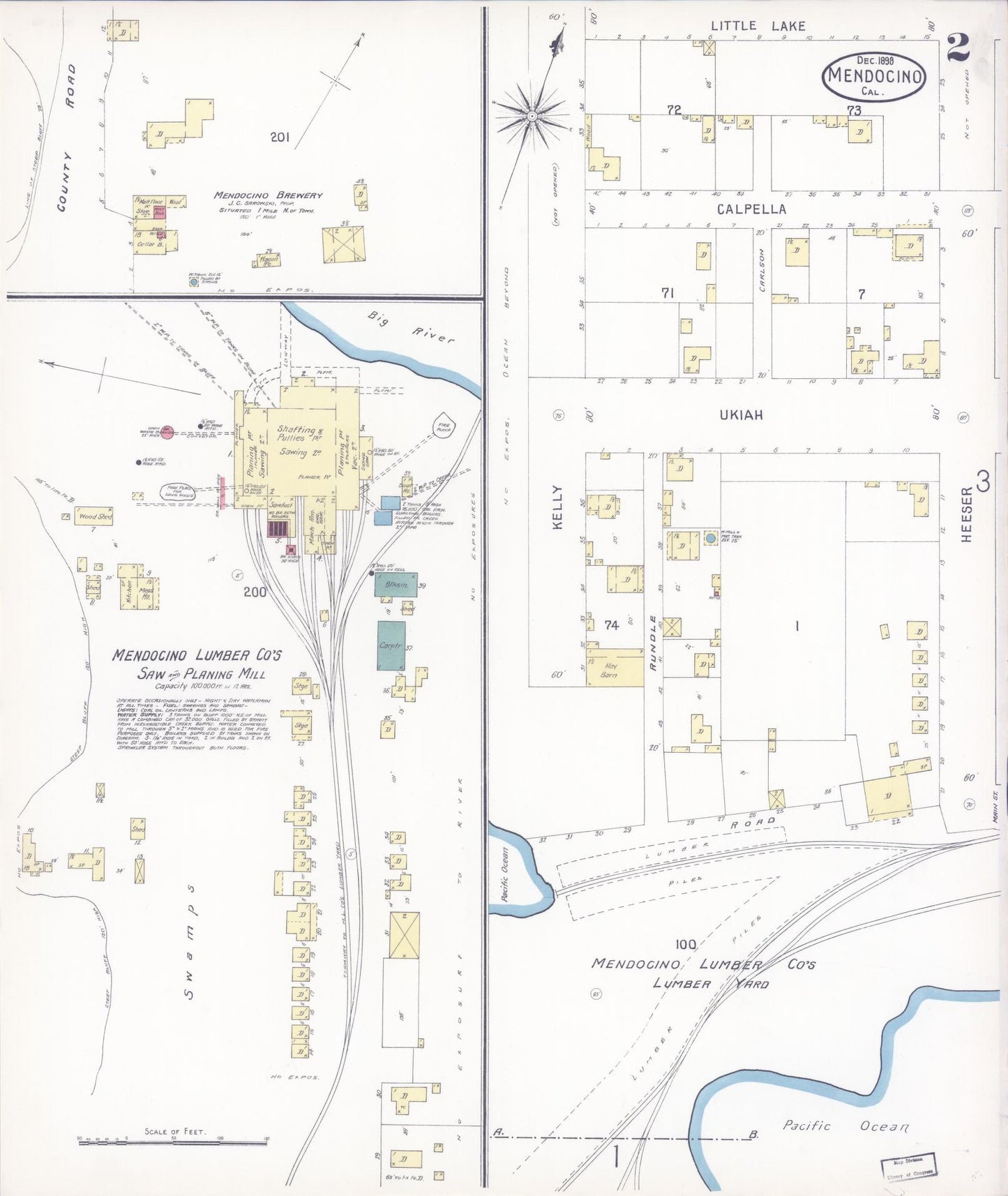 Sanborn Fire Insurance Map from Mendocino, Mendocino County, California (1898), Sheet #0002 - Historic Sanborn Fire Insurance Map Print, vintage old map wall art, antique decor, genealogy gift, California California map