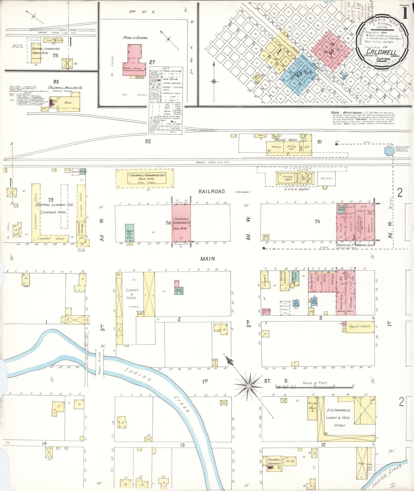 Sanborn Fire Insurance Map from Caldwell, Canyon County, Idaho (1900), Sheet #0001 - Historic Sanborn Fire Insurance Map Print, vintage old map wall art, antique decor, genealogy gift, Idaho Idaho map