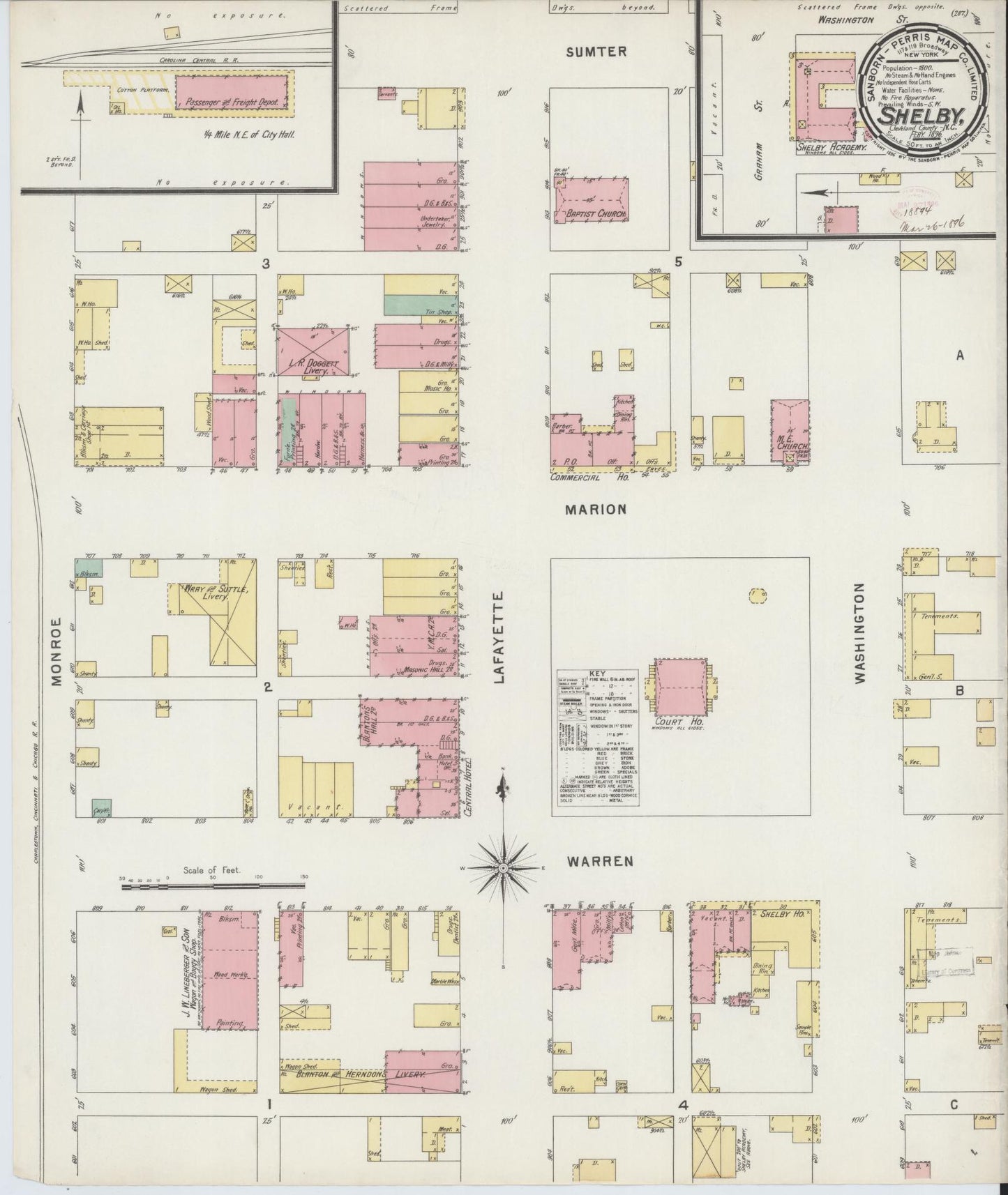 Sanborn Fire Insurance Map from Shelby, Cleveland County, North Carolina (1896), Sheet #0001 - Historic Sanborn Fire Insurance Map Print, vintage old map wall art, antique decor, genealogy gift, North Carolina North Carolina map