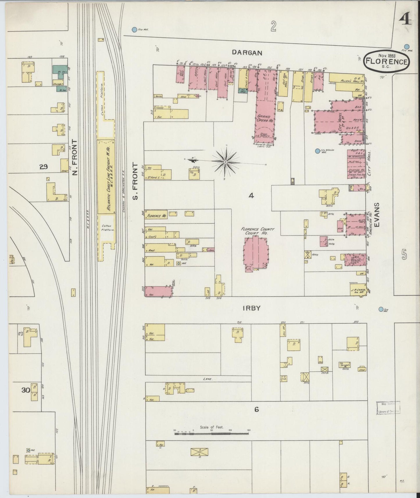 Sanborn Fire Insurance Map from Florence, Florence County, South Carolina (1893), Sheet #0004 - Historic Sanborn Fire Insurance Map Print, vintage old map wall art, antique decor, genealogy gift, South Carolina South Carolina map