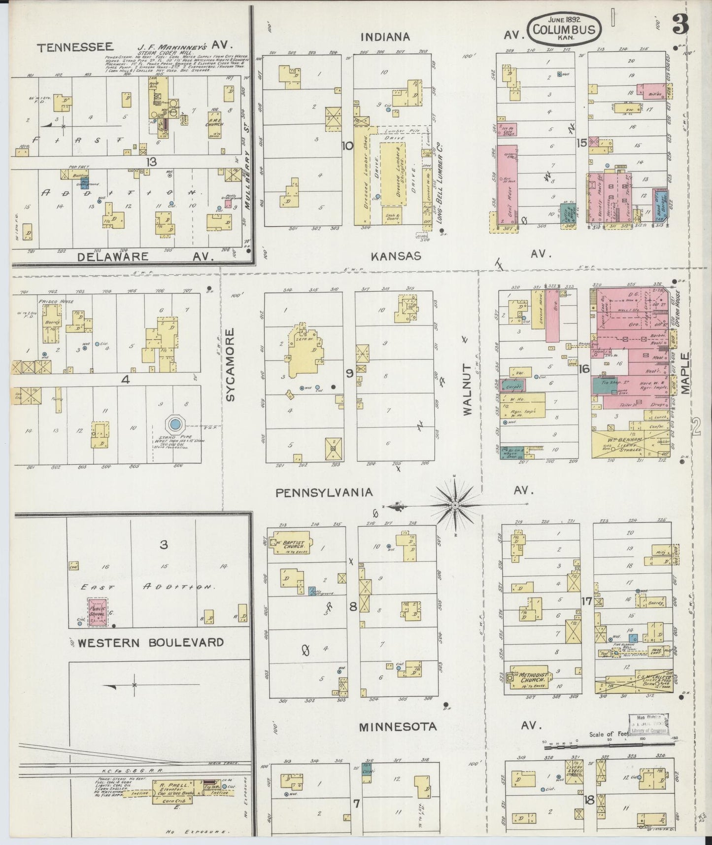 Sanborn Fire Insurance Map from Columbus, Cherokee County, Kansas (1892), Sheet #0003 - Historic Sanborn Fire Insurance Map Print, vintage old map wall art, antique decor, genealogy gift, Kansas Kansas map