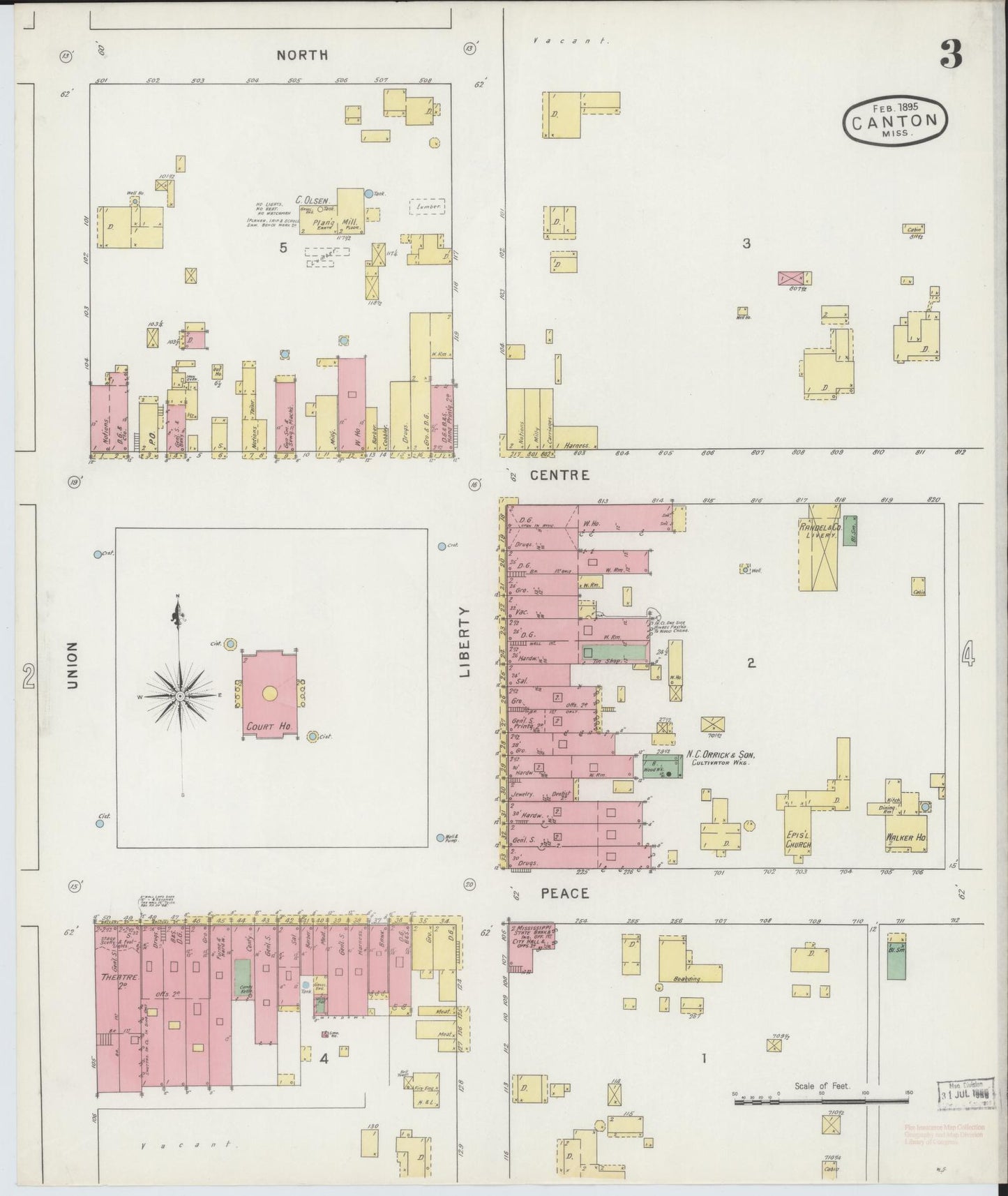 Sanborn Fire Insurance Map from Canton, Madison County, Mississippi (1895), Sheet #0003 - Historic Sanborn Fire Insurance Map Print, vintage old map wall art, antique decor, genealogy gift, Mississippi Mississippi map