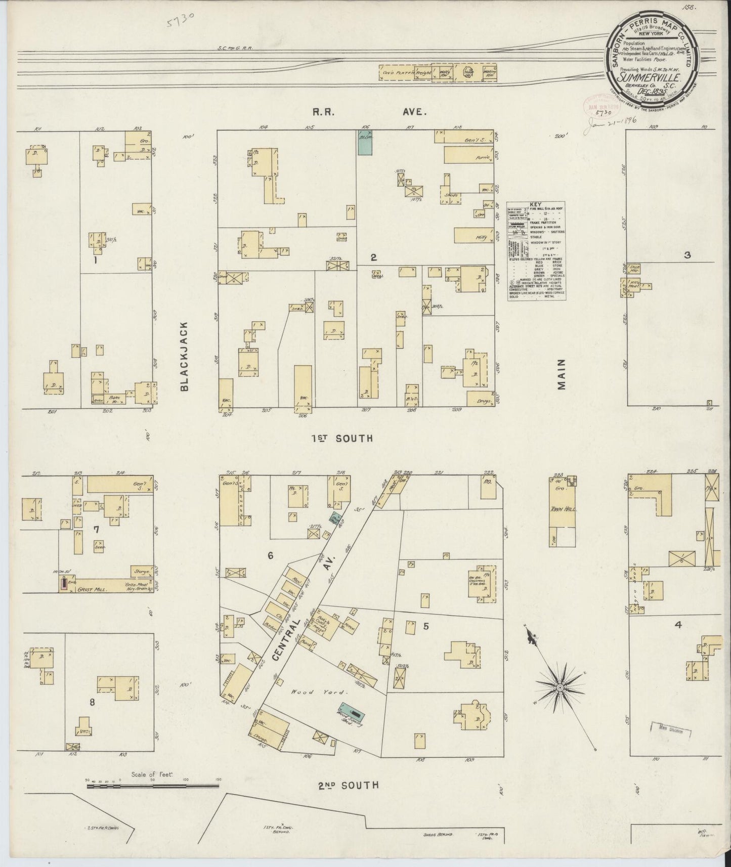 Sanborn Fire Insurance Map from Summerville, Dorchester County, South Carolina (1895), Sheet #0001 - Historic Sanborn Fire Insurance Map Print, vintage old map wall art, antique decor, genealogy gift, South Carolina South Carolina map