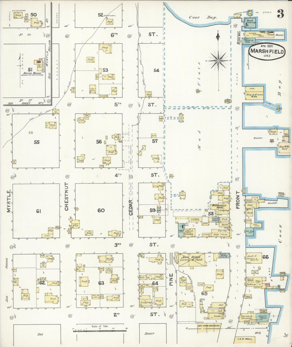 Sanborn Fire Insurance Map from Marshfield, Coos County, Oregon (1891), Sheet #0003 - Historic Sanborn Fire Insurance Map Print, vintage old map wall art, antique decor, genealogy gift, Oregon Oregon map