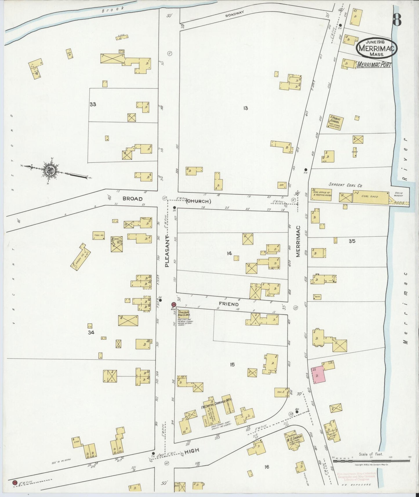 Sanborn Fire Insurance Map from Merrimac, Essex County, Massachusetts (1918), Sheet #0008 - Complete Map Set gallery image, historic Sanborn map, vintage wall art, Massachusetts Massachusetts