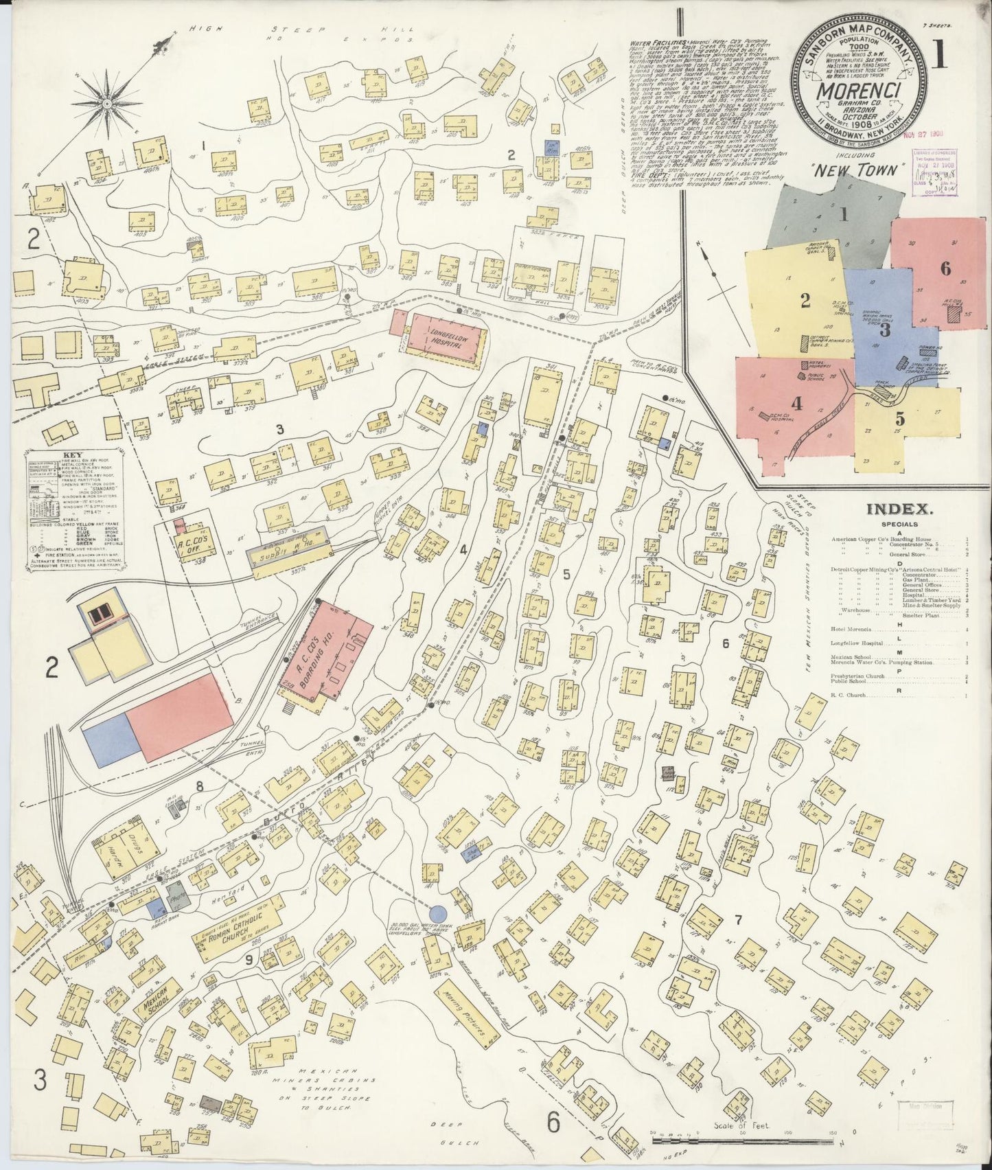 Sanborn Fire Insurance Map from Morenci, Greenlee County, Arizona (1908), Sheet #0001 - Historic Sanborn Fire Insurance Map Print, vintage old map wall art, antique decor, genealogy gift, Arizona Arizona map