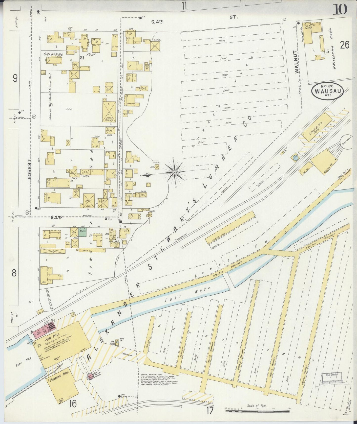 Sanborn Fire Insurance Map from Wausau, Marathon County, Wisconsin (1898), Sheet #0010 - Historic Sanborn Fire Insurance Map Print, vintage old map wall art, antique decor, genealogy gift, Wisconsin Wisconsin map